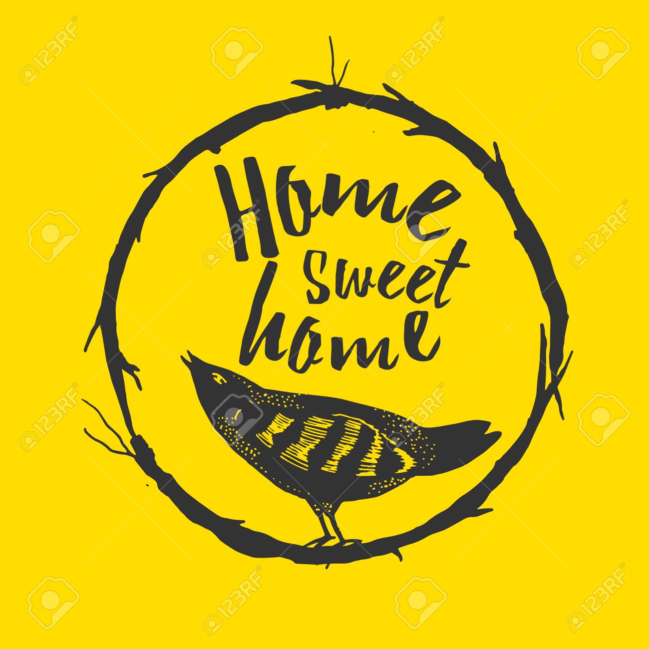 Home Sweet Home La Main Affiche Dessinee Avec L Inspiration Lettrage Citation Cartoon Carte Mignonne Avec Un Oiseau Sur La Branche Et Le Lettrage Clip Art Libres De Droits Vecteurs Et Illustration