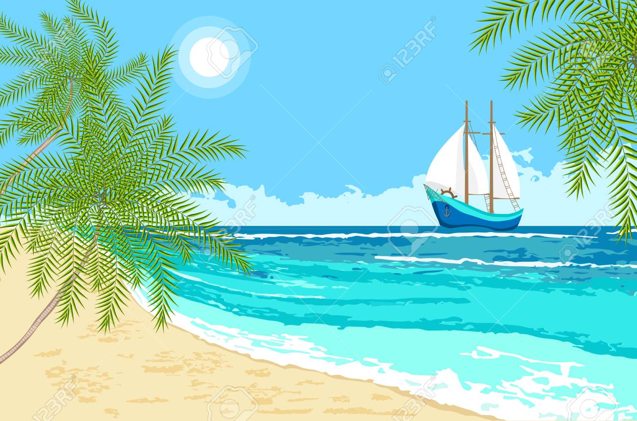 漫画のヨットとヤシの木の枝を持つ海の景色 海辺の背景 のイラスト素材 ベクタ Image