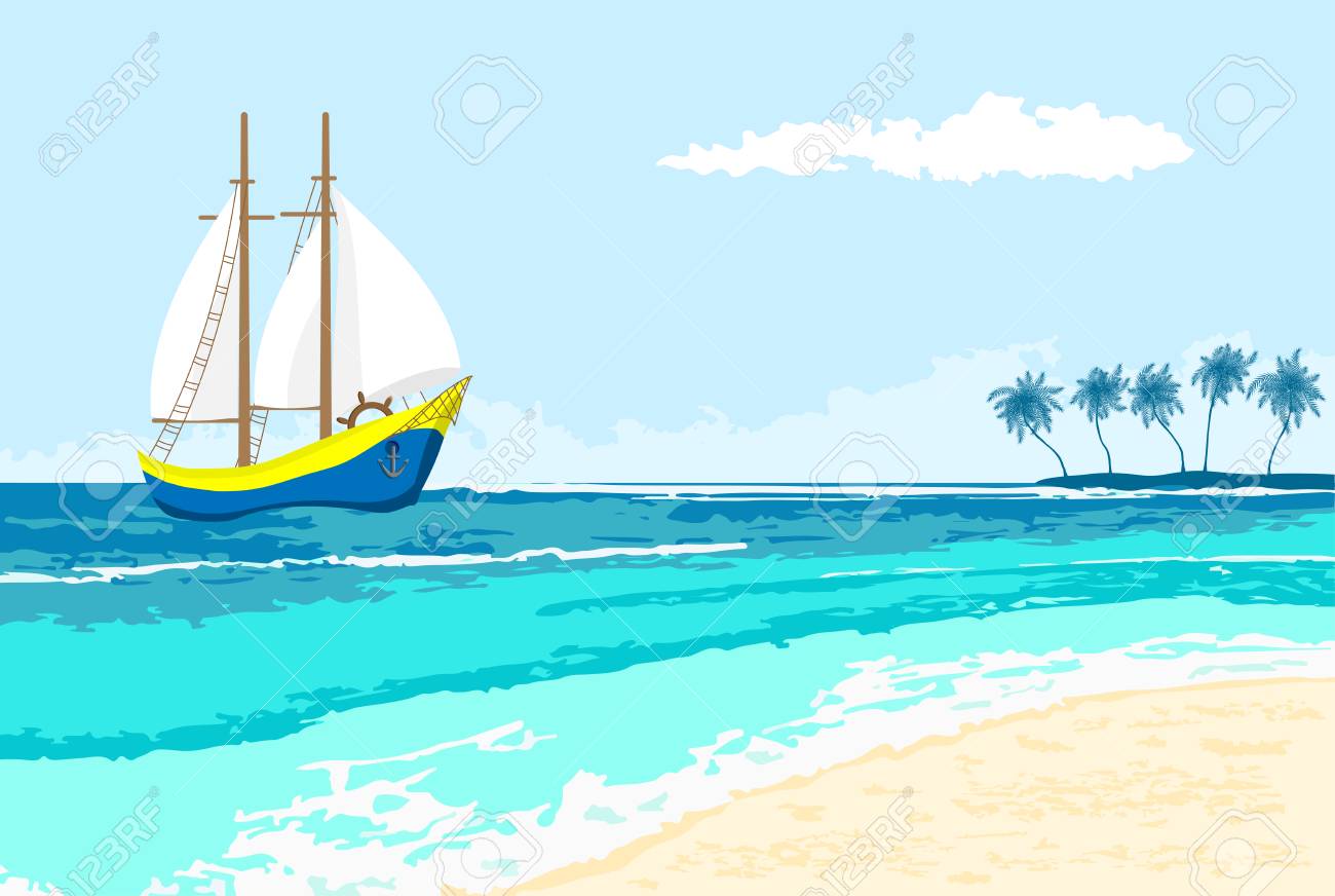 漫画のヨットとヤシの木の島で夏の海の景色 チラシ バナー グリーティング カードと招待状の海辺背景のイラスト素材 ベクタ Image