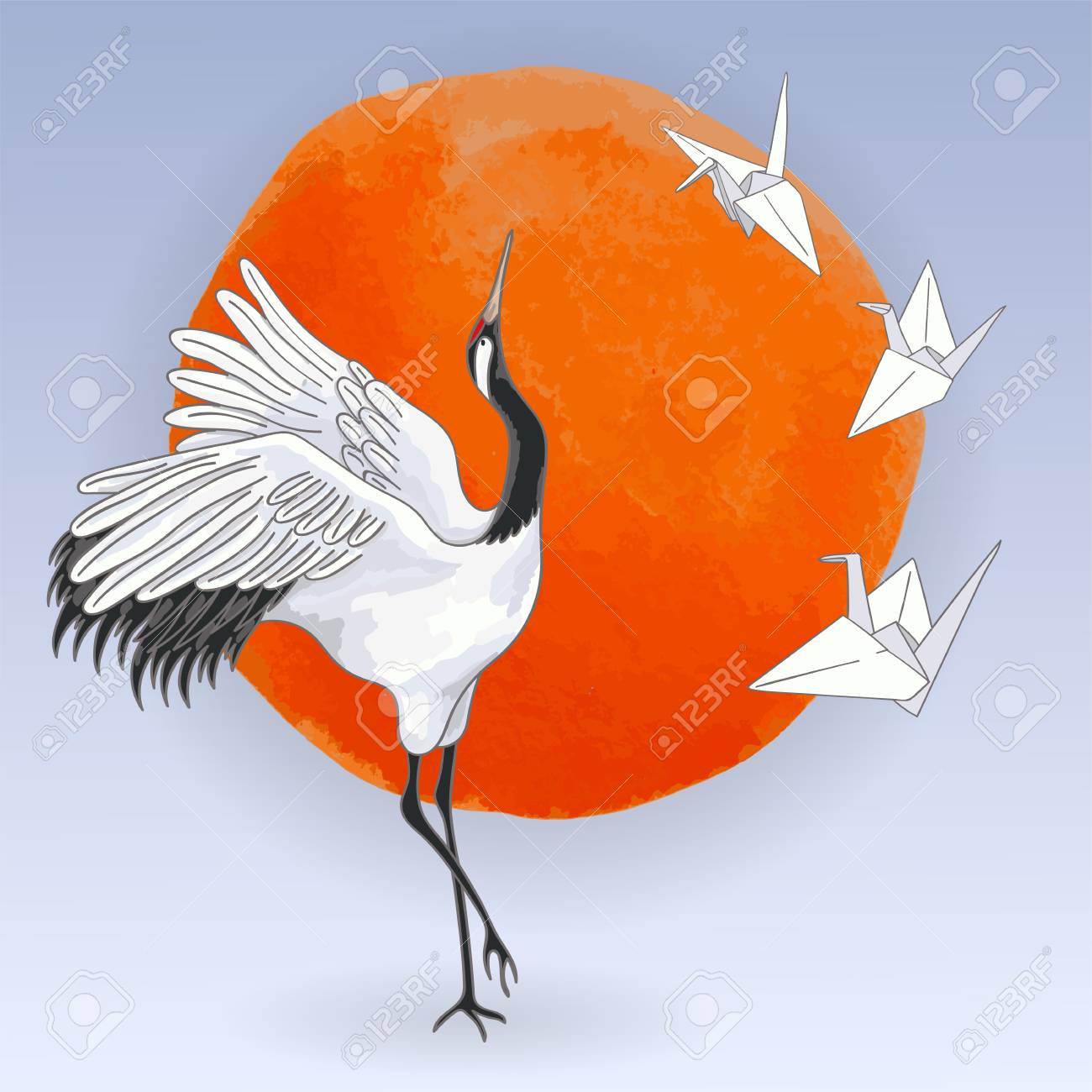 夕暮れ時の赤い日本の踊る鶴と白紙の折り紙の鳥のイラスト素材
