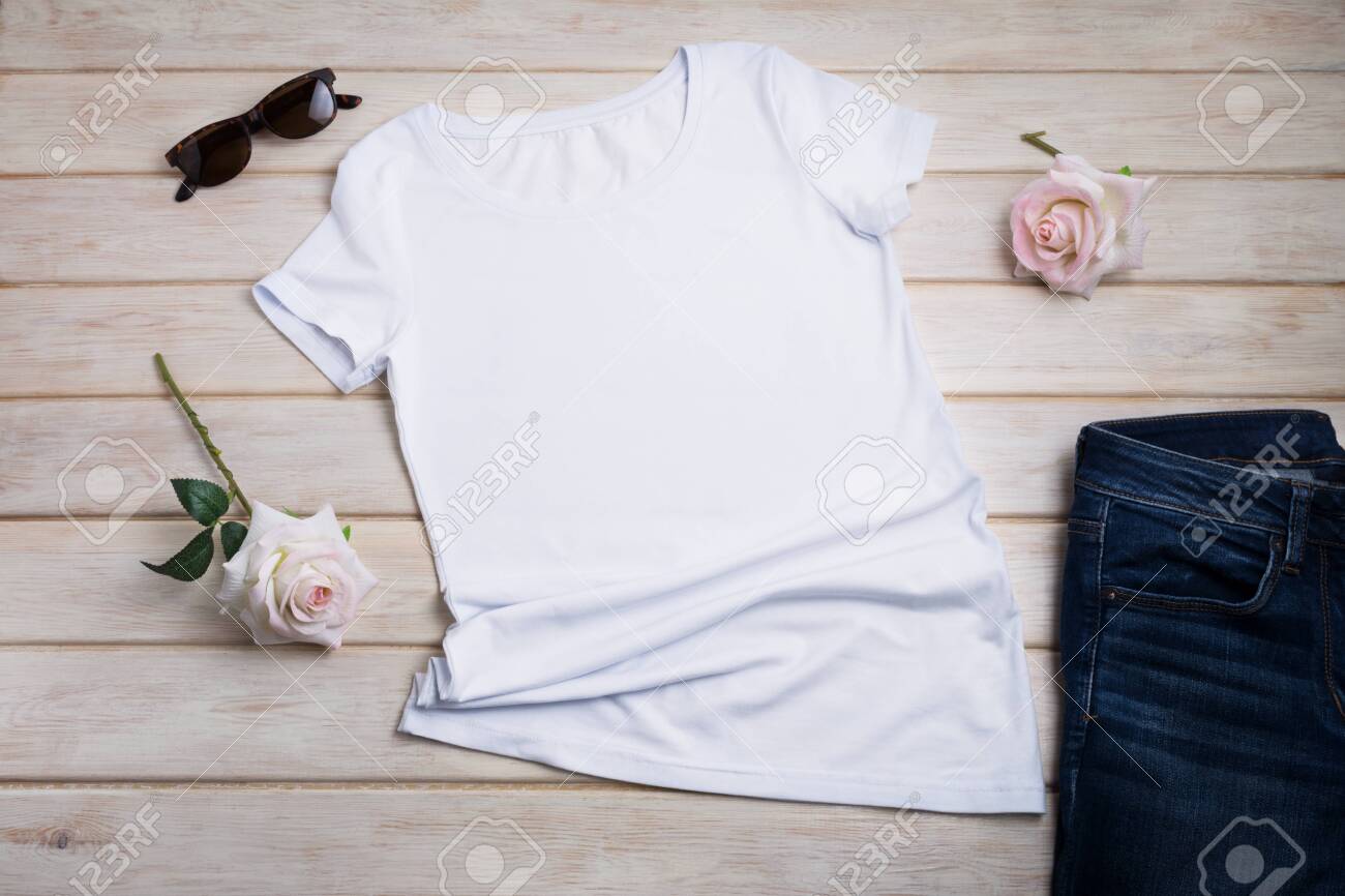 Download White Women S Cotton T Shirt Mockup With Pink Roses Jeans Stock Photo Picture And Royalty Free Image Image 145587635