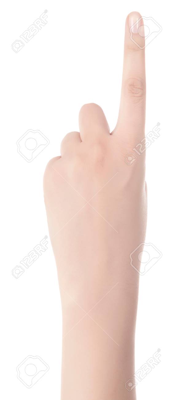 woman hand pointing up with index finger or touching screen back
