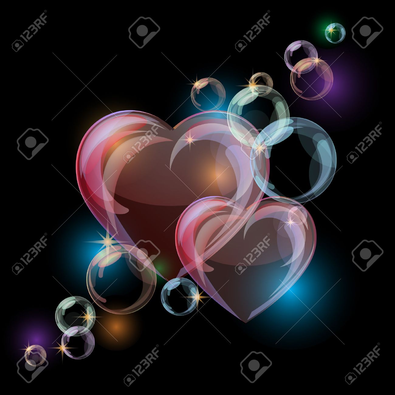 Romantic background with colorful bubble hearts shapes on black background. Vector illustration - 37984576 Romantic background with colorful bubble hearts shapes on black background. Vector illustration - 37984576