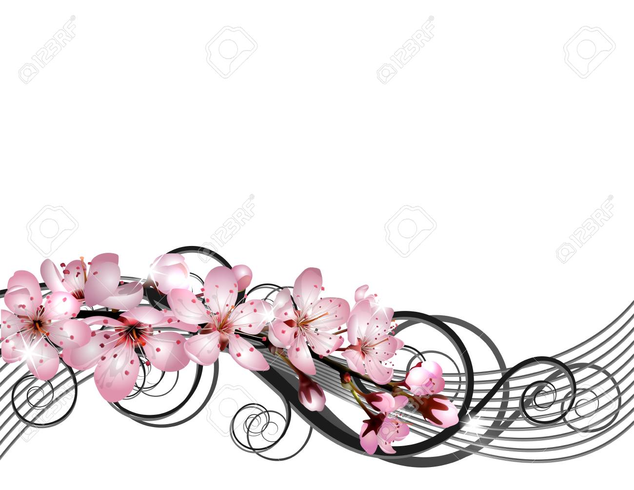 ピンクの花のイラストで桜の枝が咲き乱れる のイラスト素材 ベクタ Image