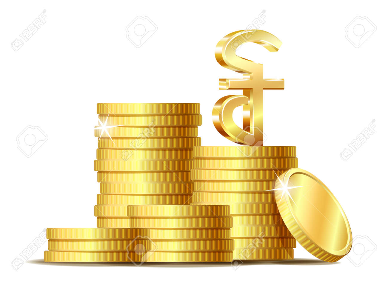 ゴールドの光沢のあるカンボジアのリエル通貨記号が付いたコインのスタック。のイラスト素材・ベクター Image 179248765