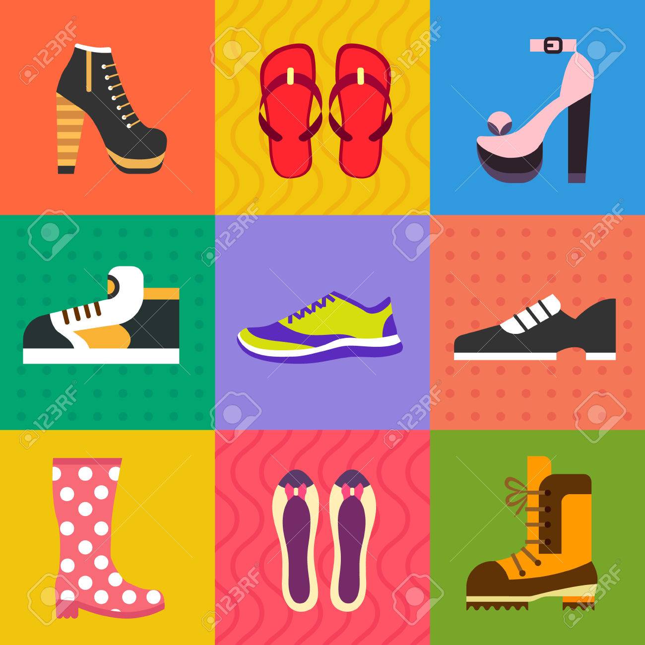 すべての機会のための靴 シューズ スニーカー ブーツ イラストとベクター フラット アイコン セット のイラスト素材 ベクタ Image