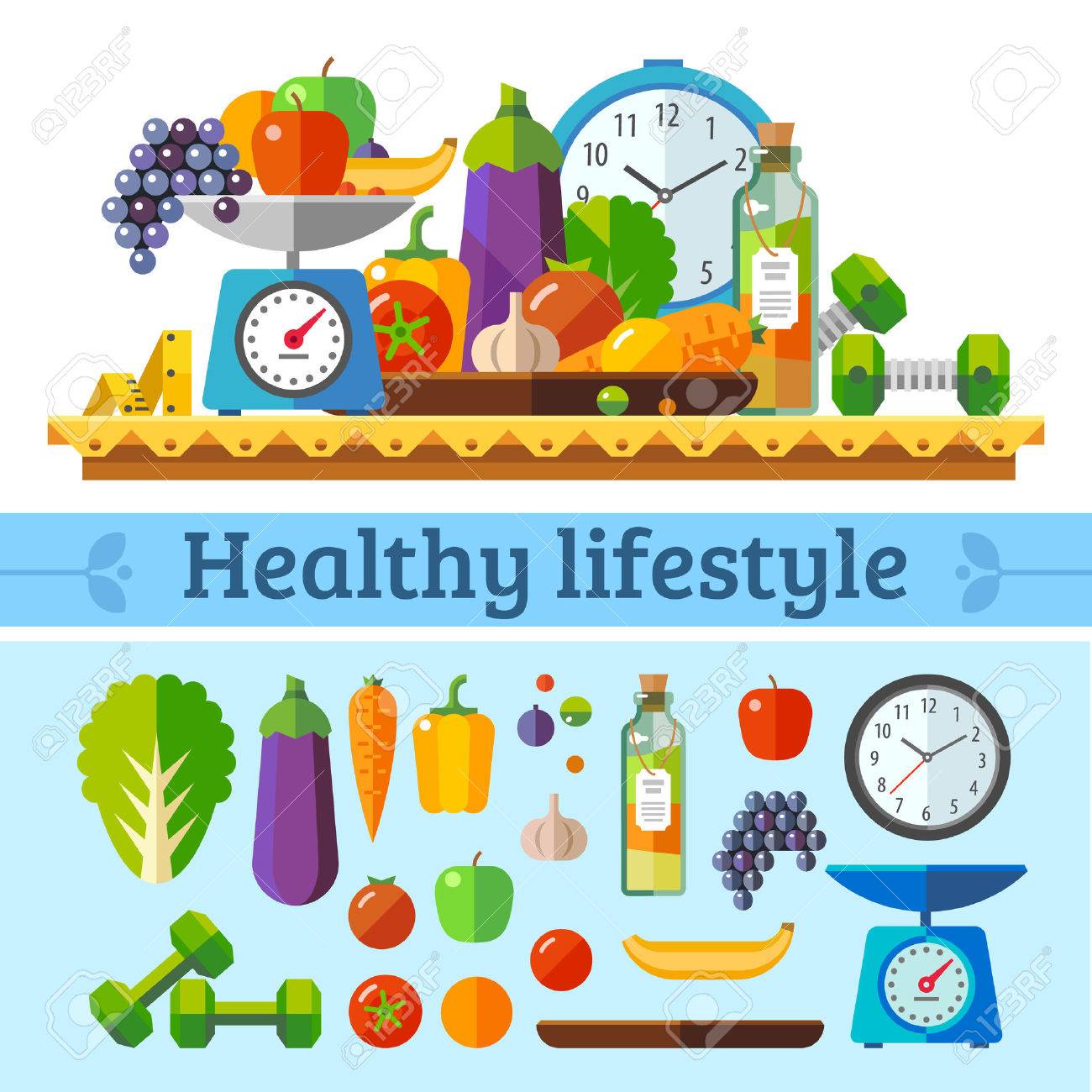 Healthy lifestyle a healthy diet and daily routine. Vector flat illustration. - 40502697 Healthy lifestyle a healthy diet and daily routine. Vector flat illustration. - 40502697