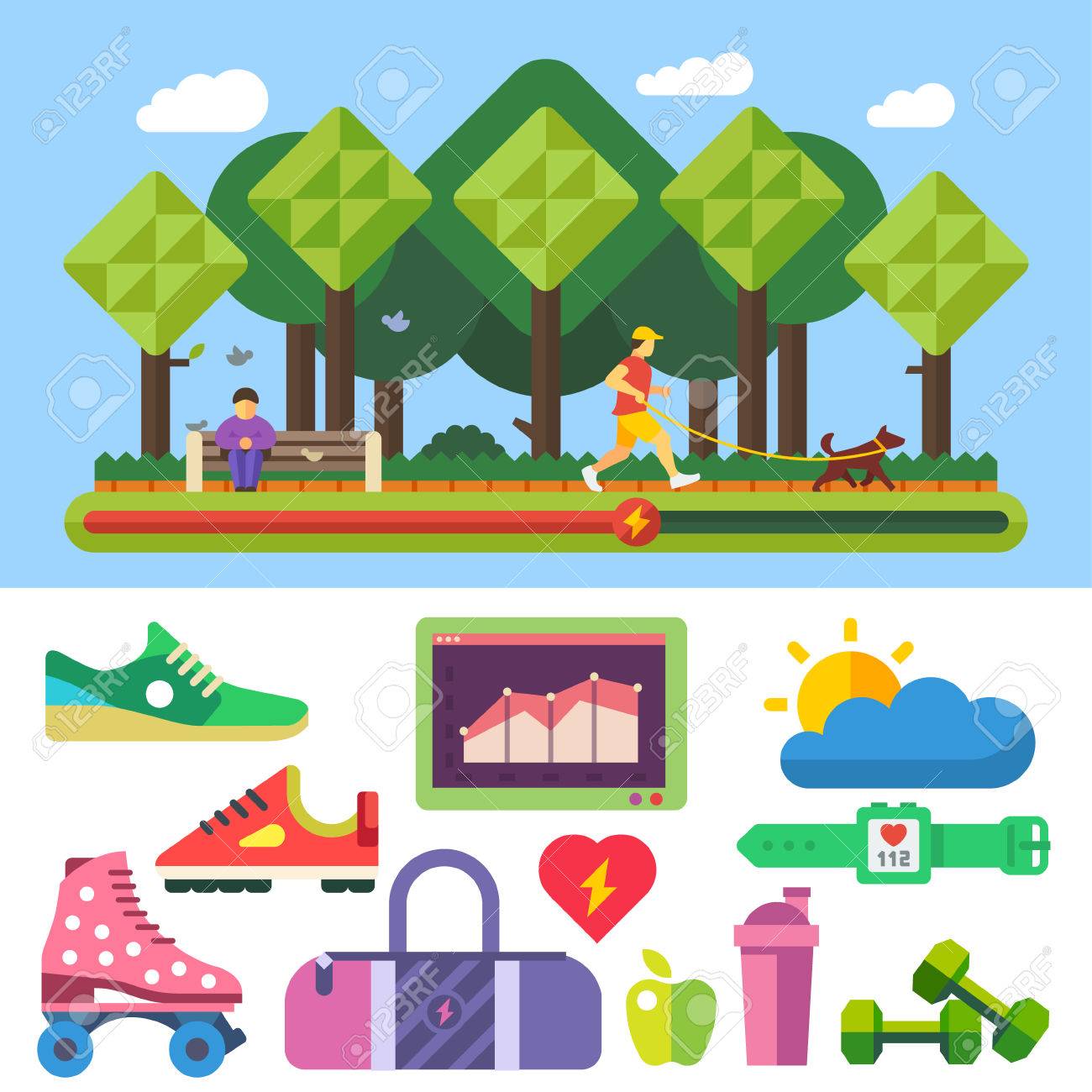 健康的なライフ スタイルを実行しているスポーツを行使フィットネス適切な栄養自然天気の良い公園 ベクトル フラット イラストやアイコンを設定します の イラスト素材 ベクタ Image