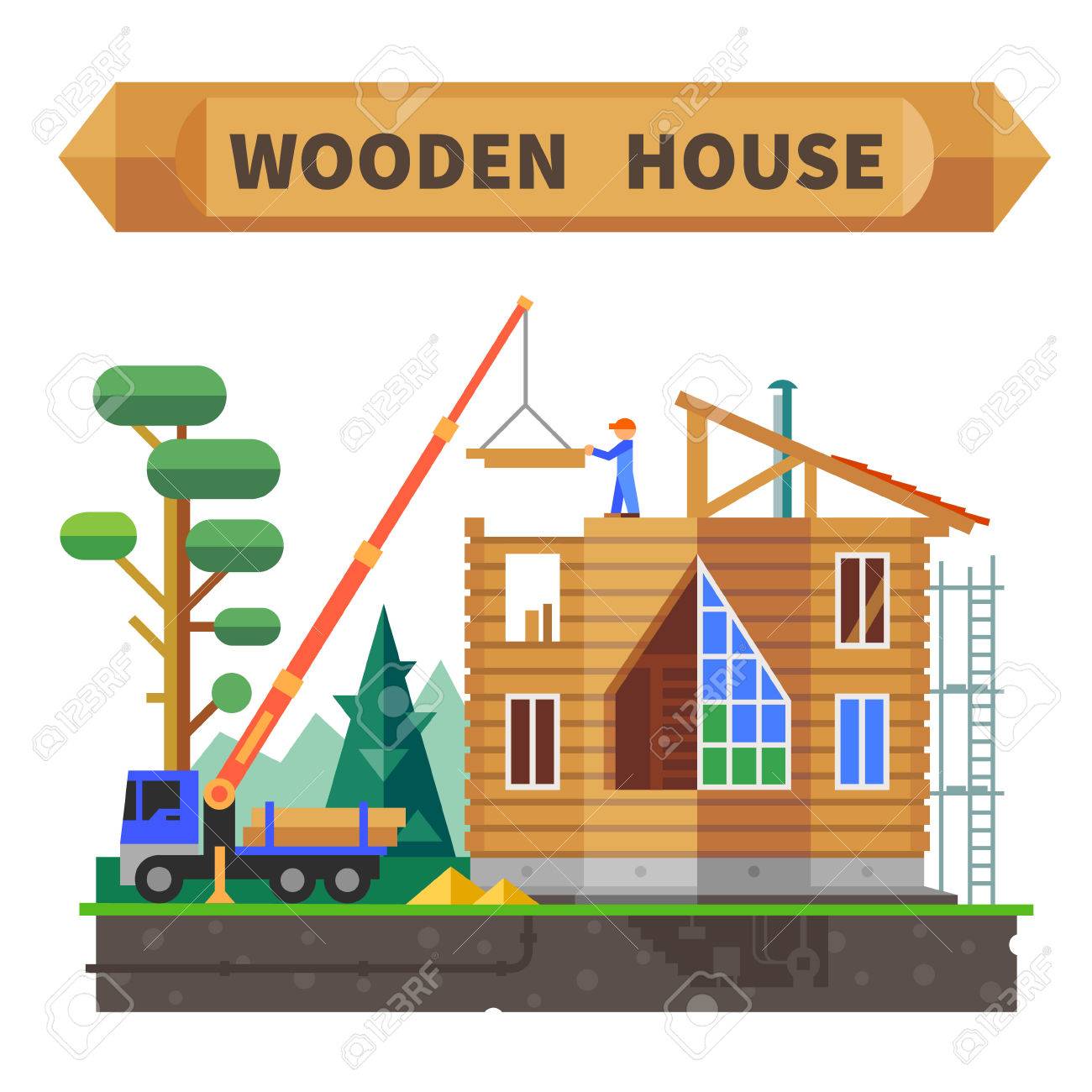 森の中の木造住宅 建設プロセス ベクトル フラット イラスト のイラスト素材 ベクタ Image 森の中の木造住宅 建設プロセス ベクトル フラット イラスト のイラスト素材 ベクタ Image