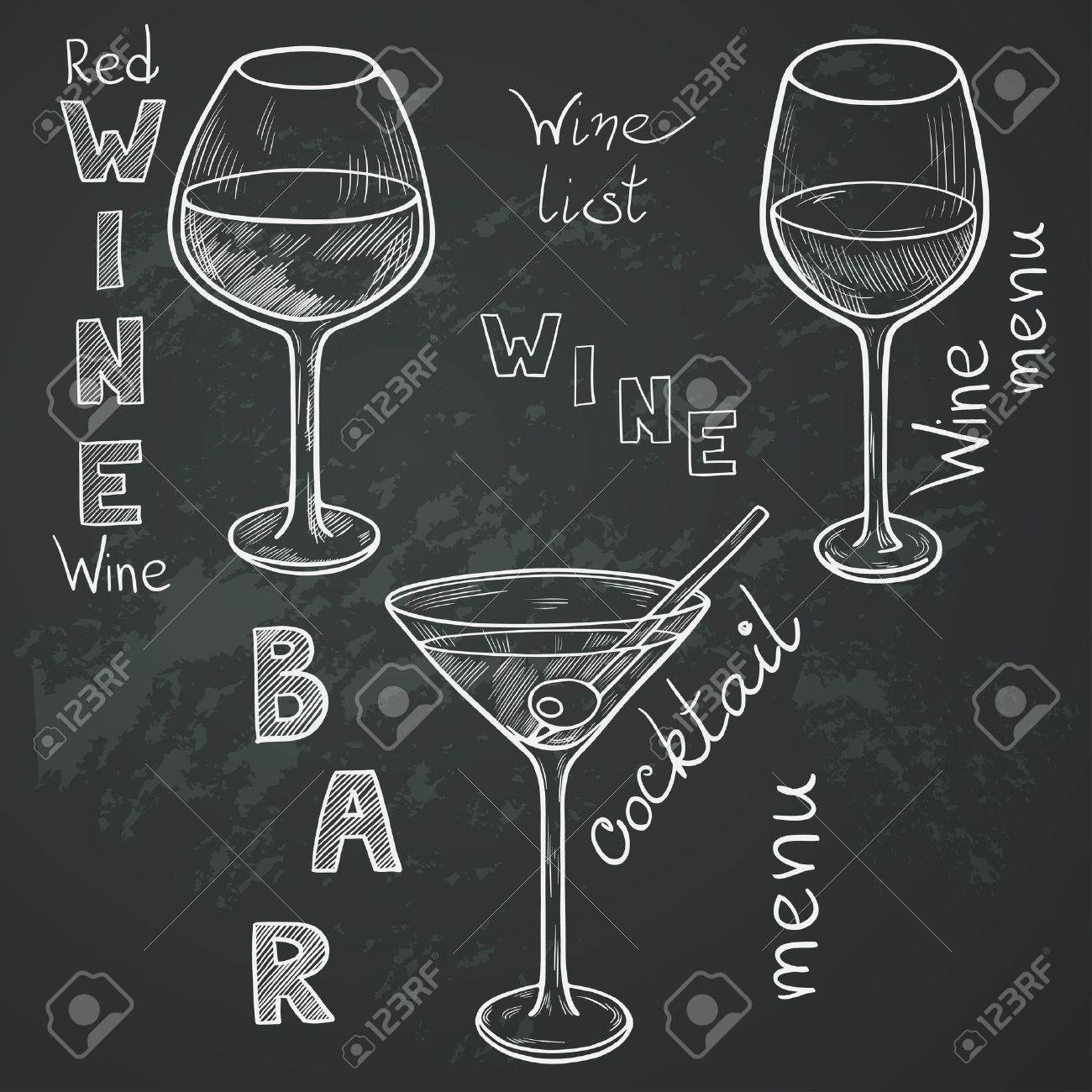 Set Of Sketched Glasses For Red Wine White Wine Martini And