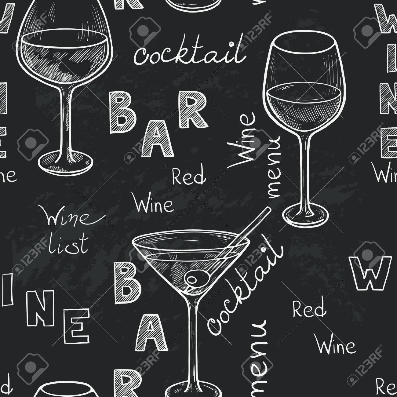 Seamless Pattern With Sketched Glasses For Red Wine White Wine