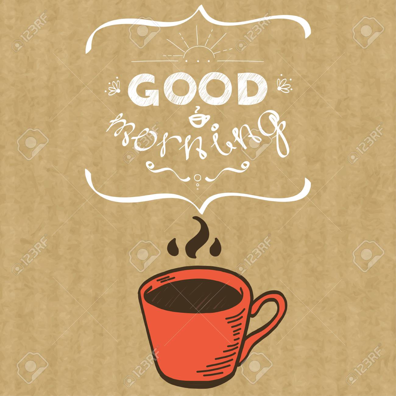 漫画の朝の一杯のコーヒー 手描き落書きカップと手書きレタリングおはよう 茶色のクラフト用紙の背景に分離されました のイラスト素材 ベクタ Image