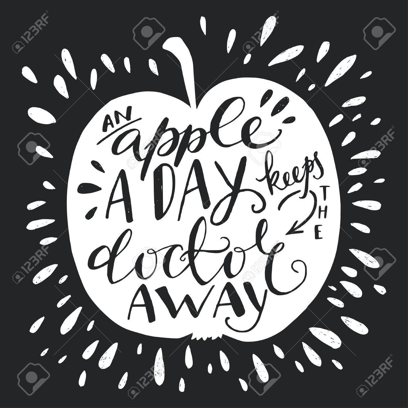 Noir Et Blanc Une Pomme Par Jour Eloigne Le Medecin Lettrage Proverbe Citation De Motivation Sur La Sante Illustration Peut Etre Utilise Comme Une Impression Sur T Shirts Sacs Stationnaire Et Affiche Clip