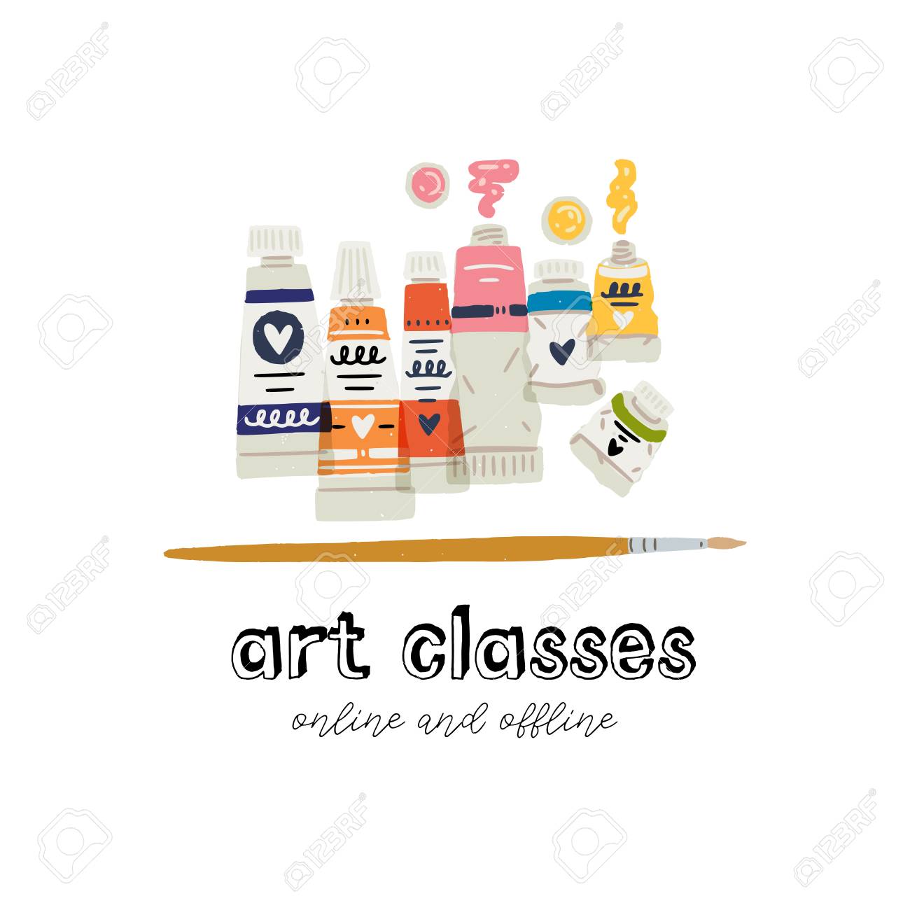 Colorful Vector Art Studio Design Perfect Emblem For Online And Offline Painting Classes Group Of Different Kinds Of Paint In Tubes Watercolor Gouache Acrylic For Business Card And Merchandise Royalty Free