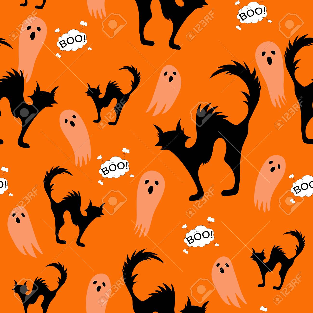 Halloween spooky cats and ghost seamless pattern on orange background..