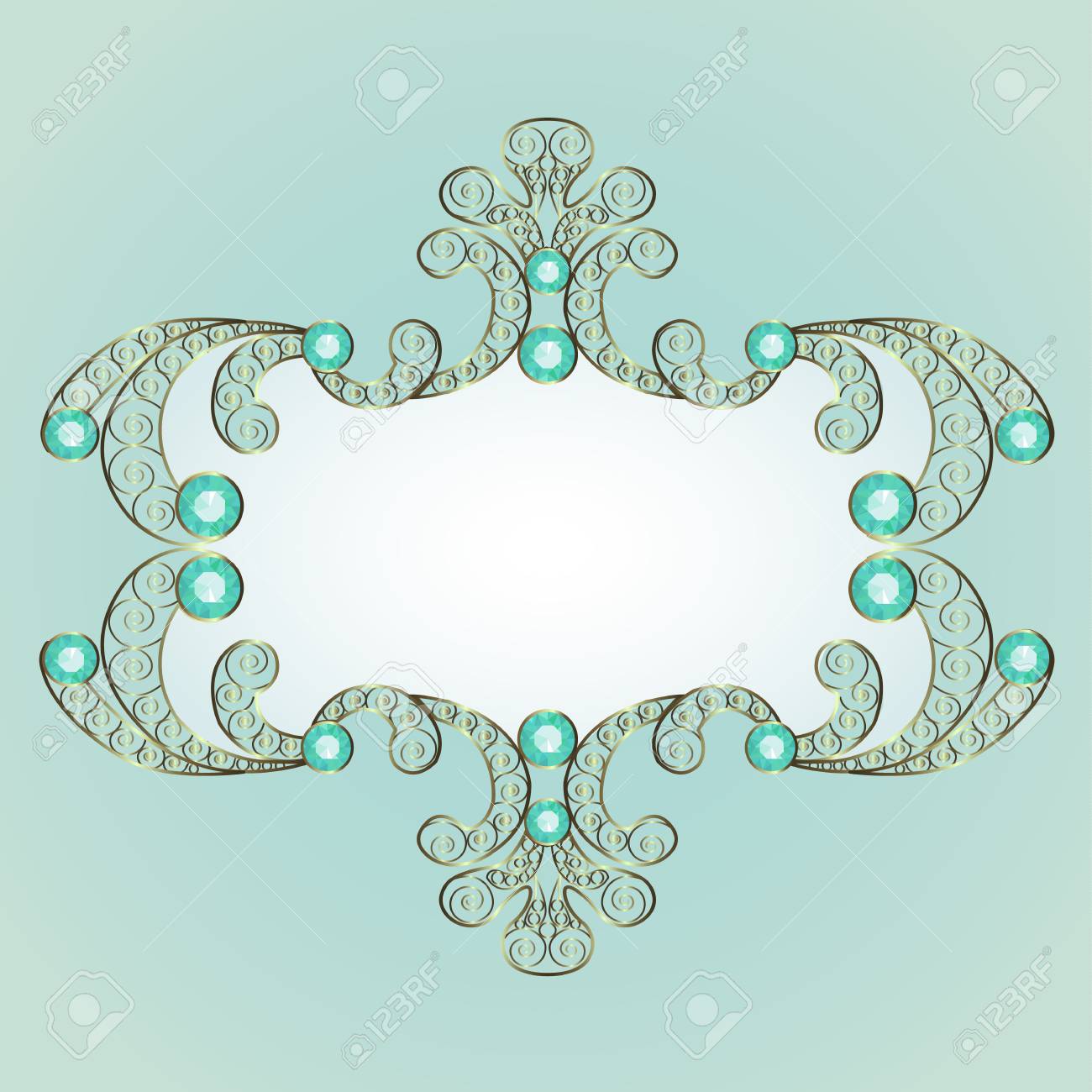 エメラルド グリーンの背景に花柄の黄金色の宝石パターン フレームのイラスト素材 ベクタ Image