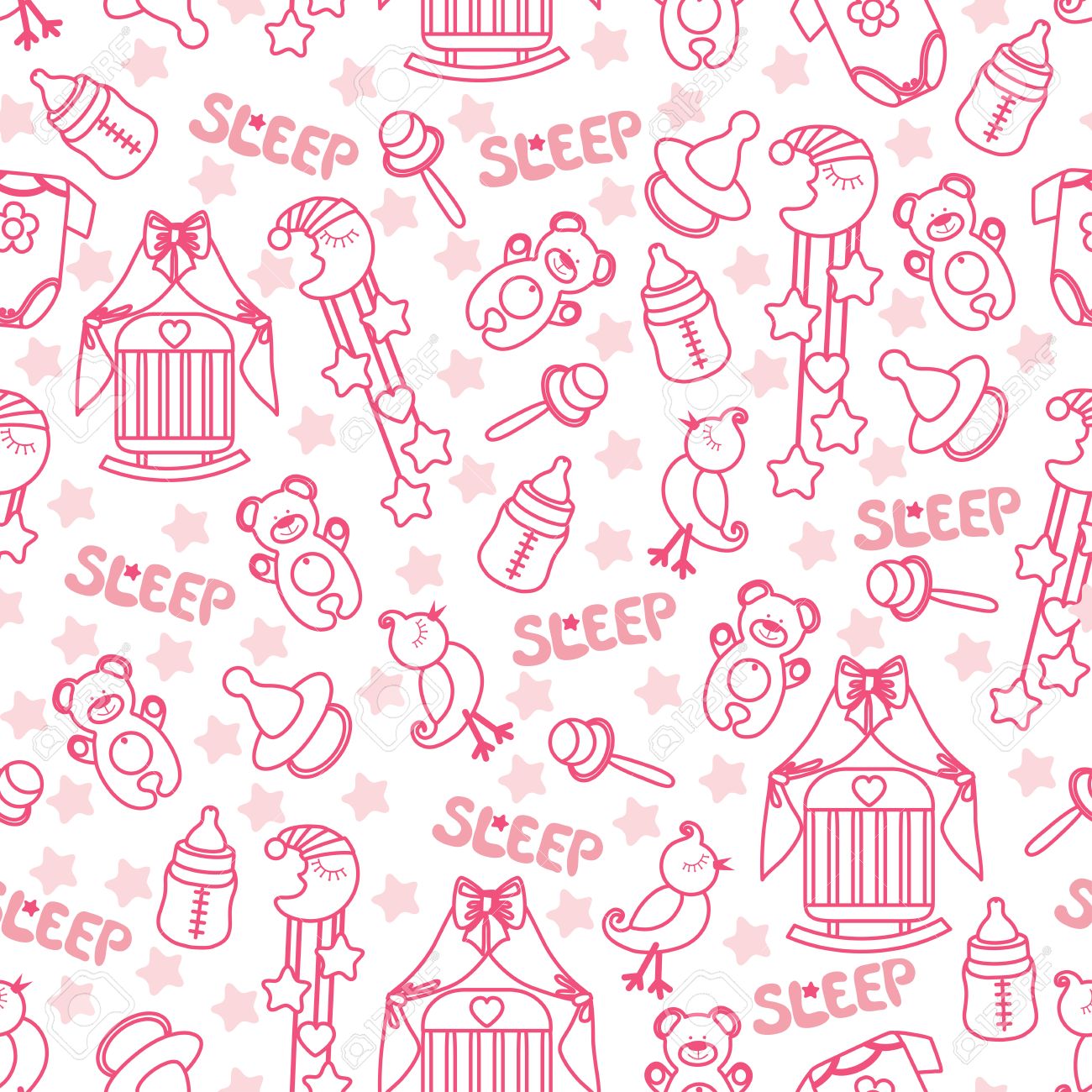 Colorful Sleep Newborn Items Collection In Seamless Pattern For