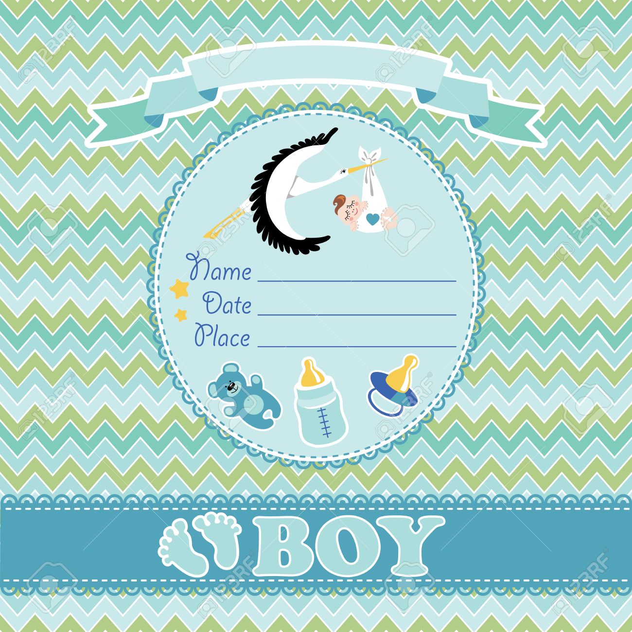 stork flying with european newborn baby boy baby shower card
