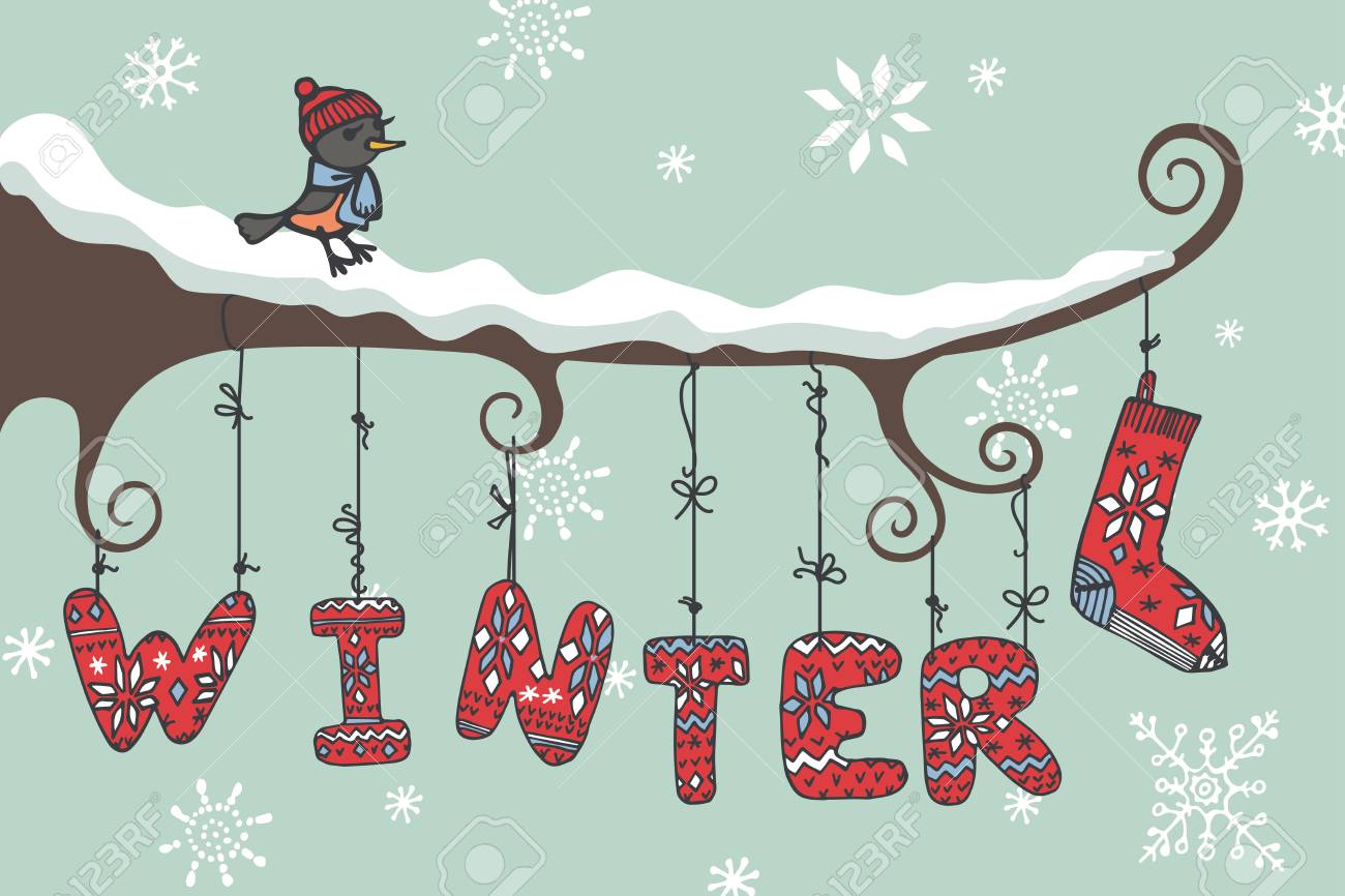 cute cartoon bird sitting on branch knitted letters winter