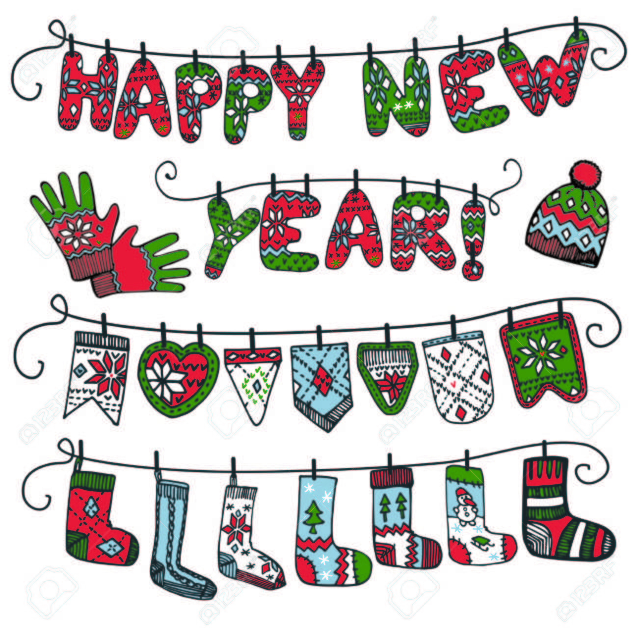 キュート ニット文字 ハッピーニューイヤー ロープにぶら下がっています 靴下とロープにぶら下がってチェック ボックス 隔離された装飾のガーランド 面白い落書き 冬のデザイン テンプレート ベクトルのイラスト素材 ベクタ Image