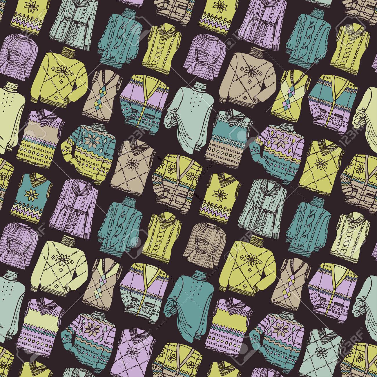 色とりどりのお洒落なニット衣類スケッチ風のスタイルでのシームレスなパターン 秋 冬 春の摩耗 ファッション イラスト Backdrop Background Fabric Wallpaper Vector のイラスト素材 ベクタ Image