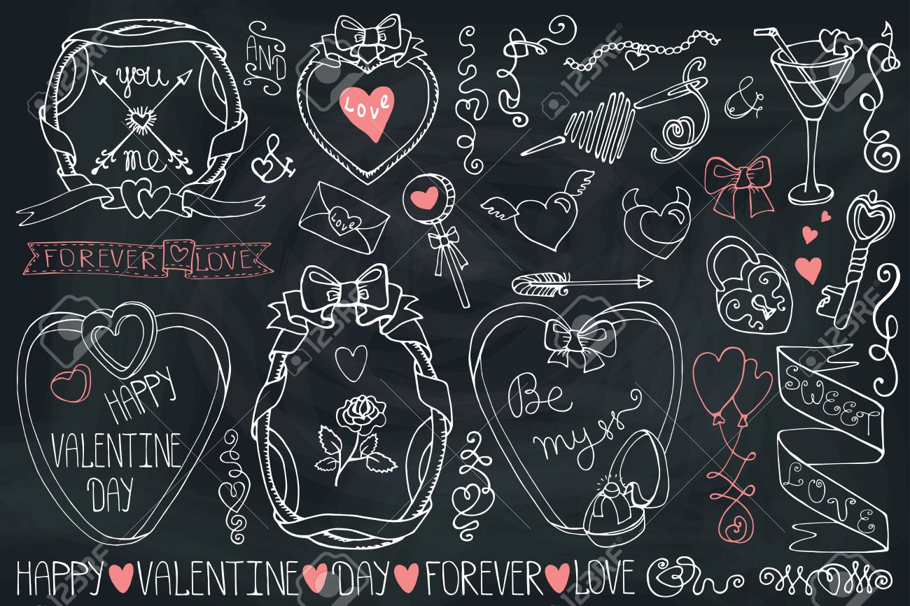 バレンタインの日 結婚式 愛 ロマンチックなアイコン リボン ハート 旋回 バッジ フレームの装飾要素のコレクション かわいい落書き手書き装飾 Chalkboard Vintage ベクトル アウトライン内に設定します レトロなスタイル のイラスト素材 ベクタ Image