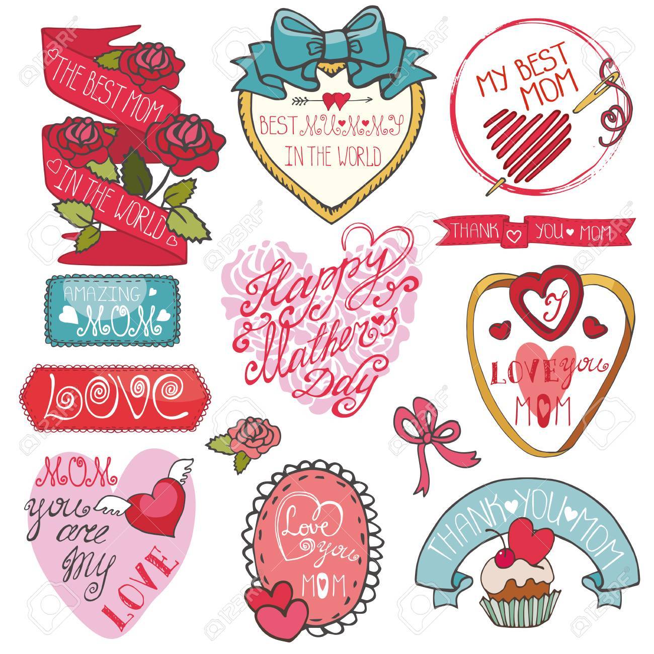 mothers day decor elements set ribbons labels hearts roses lett mother s day labels