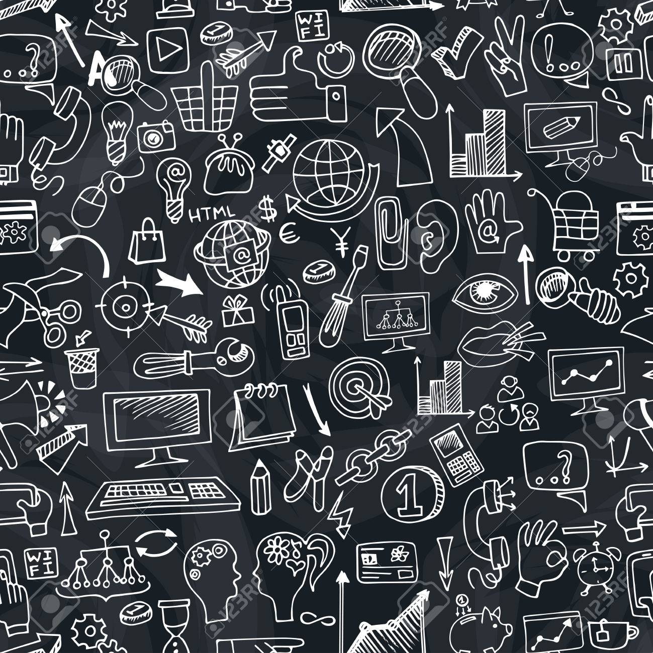 doodle hand drow sketchy seo icons in seamless pattern business chalkboard photo backdrop