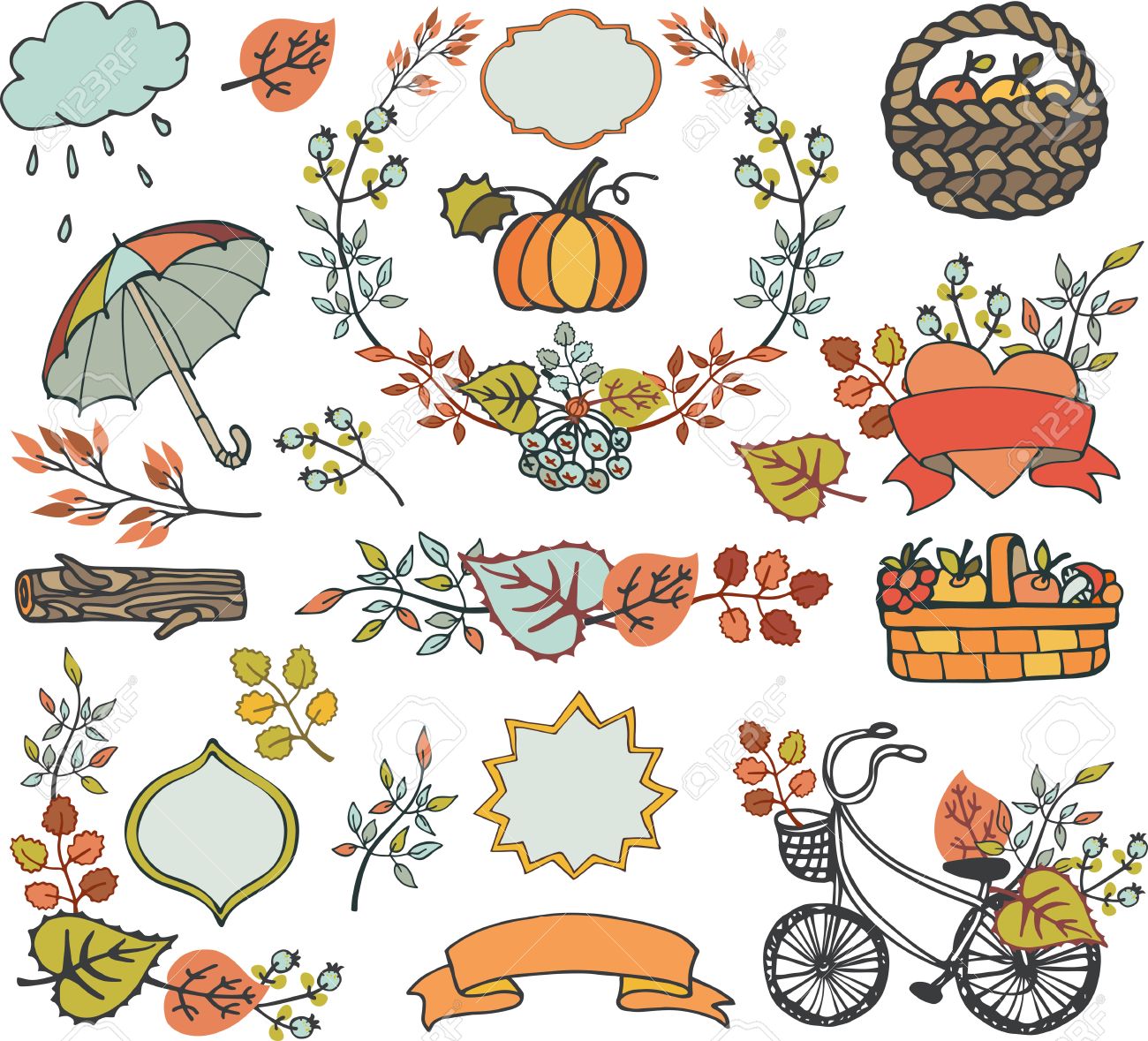 秋の要素 紅葉 木の枝 自転車 リボン ラベル バッジの形状 傘 収穫とトイストーリー バケット ソルジャーズ 手書き落書きセットです 植物の装飾 ベクトル図を落ちる のイラスト素材 ベクタ Image