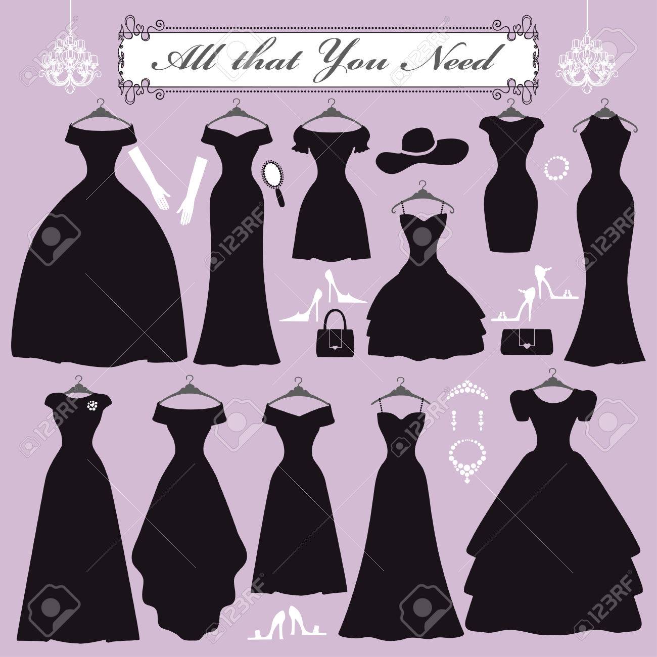 ファッションのドレス 黒のパーティーのさまざまなスタイルのドレス シルエットのセット アクセサリー装飾 シャンデリア 旋回フレームのモダンなフラット ベクトル スタイルで構成 分離 Illustration Funeral Mourning のイラスト素材 ベクタ Image