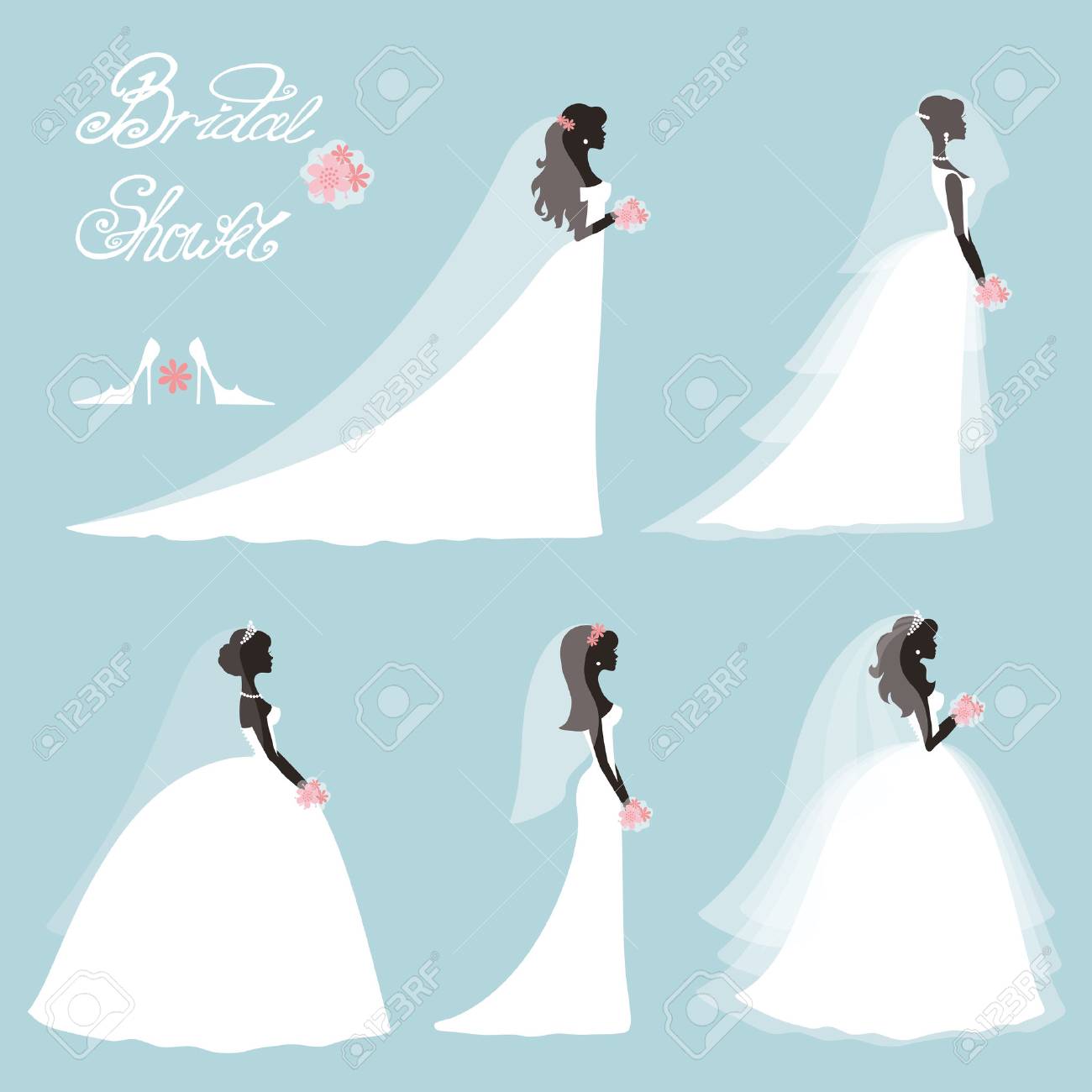 Wedding.Bride in Different dress style.Bridal shower decor set.Cartoon girl,woman silhouette,portrait,Swirling borders, ribbon,icons,label.Invitation Design template kit.Vintage Vector,flat fashion - 53450256 Wedding.Bride in Different dress style.Bridal shower decor set.Cartoon girl,woman silhouette,portrait,Swirling borders, ribbon,icons,label.Invitation Design template kit.Vintage Vector,flat fashion - 53450256