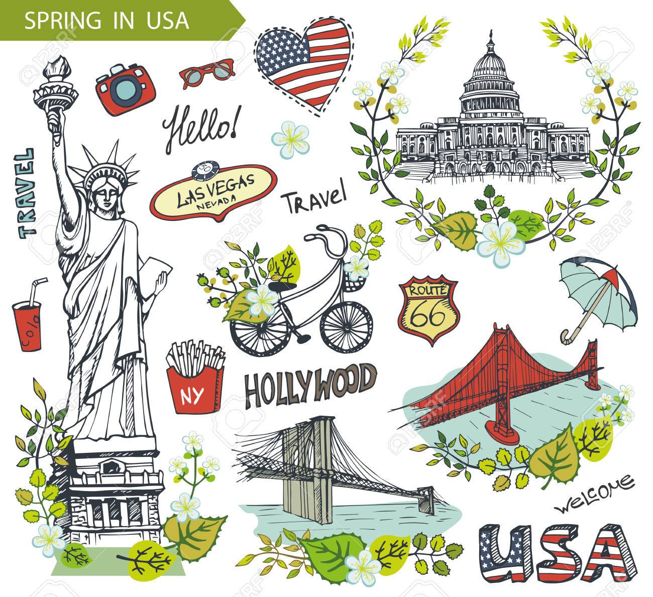 米国 花の装飾で春します ベクトル Doodles American 旅行に手描きのスケッチ ランドマークの印の記号文字します ヴィンテージのイラスト 背景 ゴールデン ゲート ブルック ライン橋 自由の女神 議会議事堂のイラスト素材 ベクタ Image