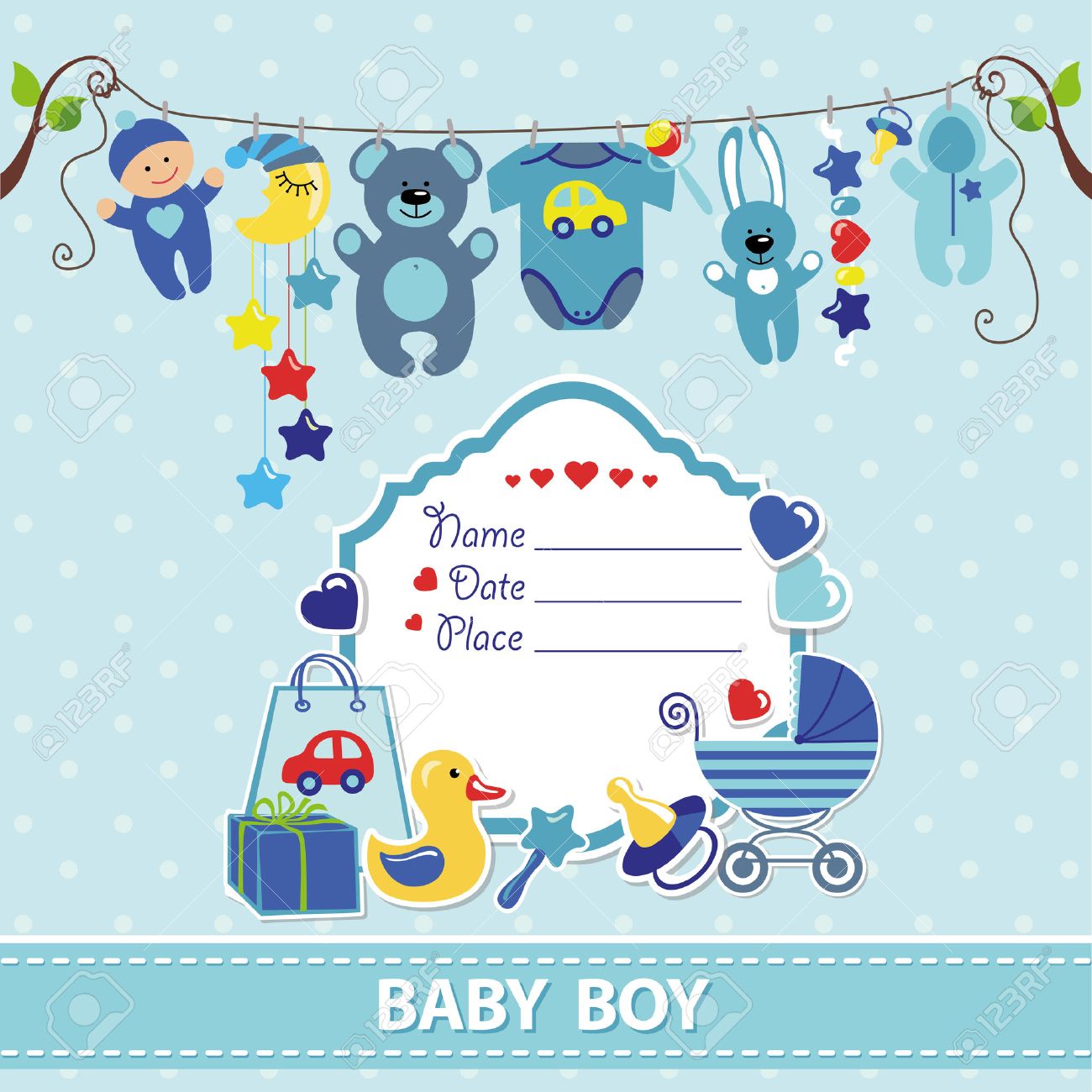 New born Baby boy invitation shower card.Flat elements hanging on rope,label,stork.Vector scrapbook decor.Greeting pstcard.Blue,cyan colors,polka dot background.Design template. - 54430771 New born Baby boy invitation shower card.Flat elements hanging on rope,label,stork.Vector scrapbook decor.Greeting pstcard.Blue,cyan colors,polka dot background.Design template. - 54430771
