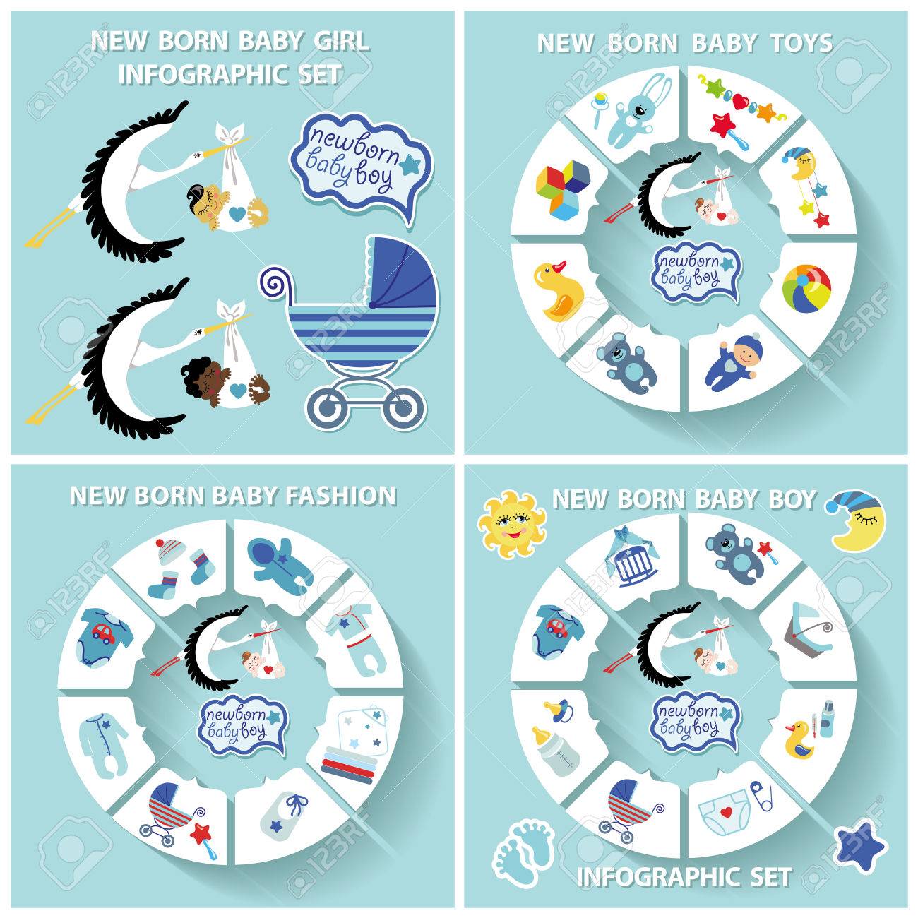 new born baby boy cute infographic set with flat icons stork vector plan for baby boy