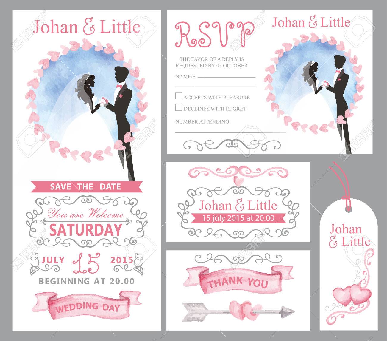 watercolor wedding invitation card pink hearts couple bride groom