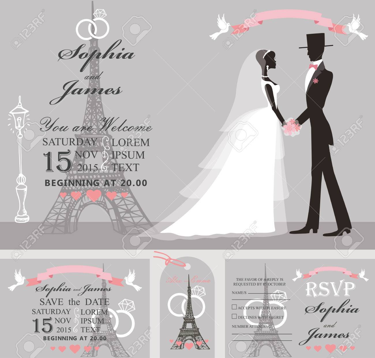 wedding design template set bride in white dress and groom eiffel