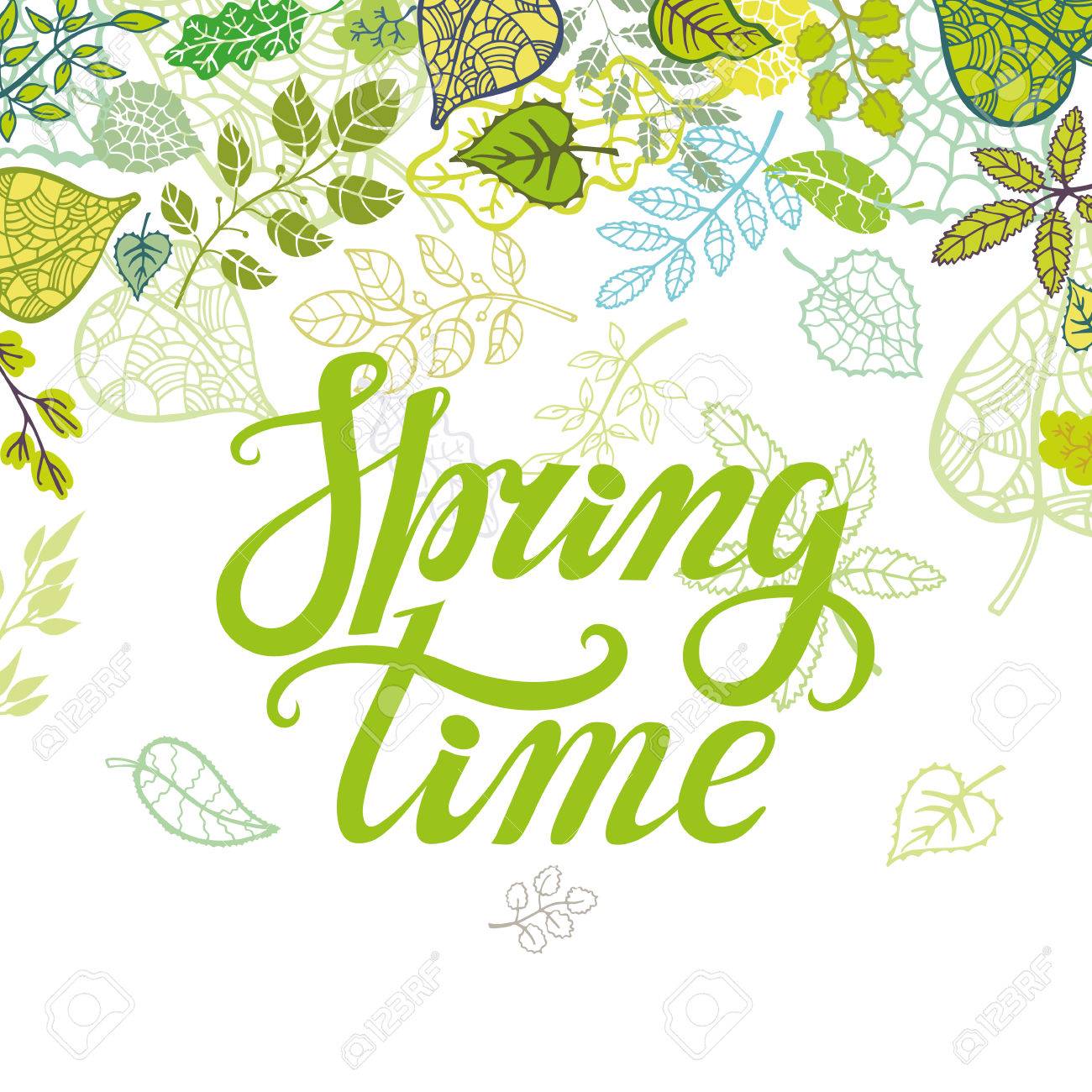 春のデザイン 手書き文字 引用符および緑の葉 春のポスター ベクター手書き単語 背景 活版印刷のポスター Web 印刷 カリグラフィの Illustration Springtime シーズン のイラスト素材 ベクタ Image