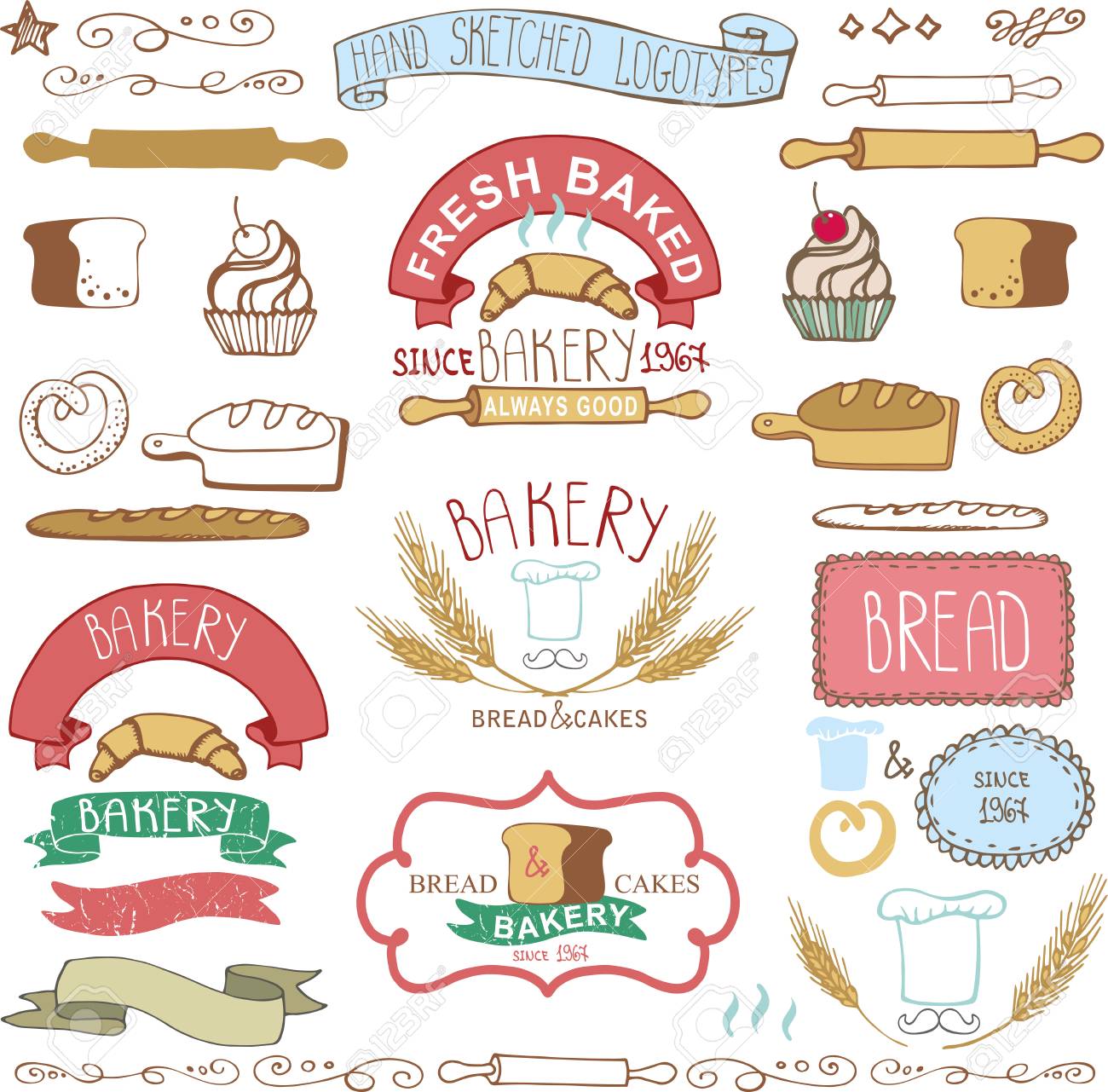 ヴィンテージ レトロなパン屋さん Badges Labels Colored 手は いたずら書きやデザイン要素にスケッチしました パン パン 小麦の穂 ケーキ アイコン ボーダー リボン 作るは簡単 ベクトル のイラスト素材 ベクタ Image