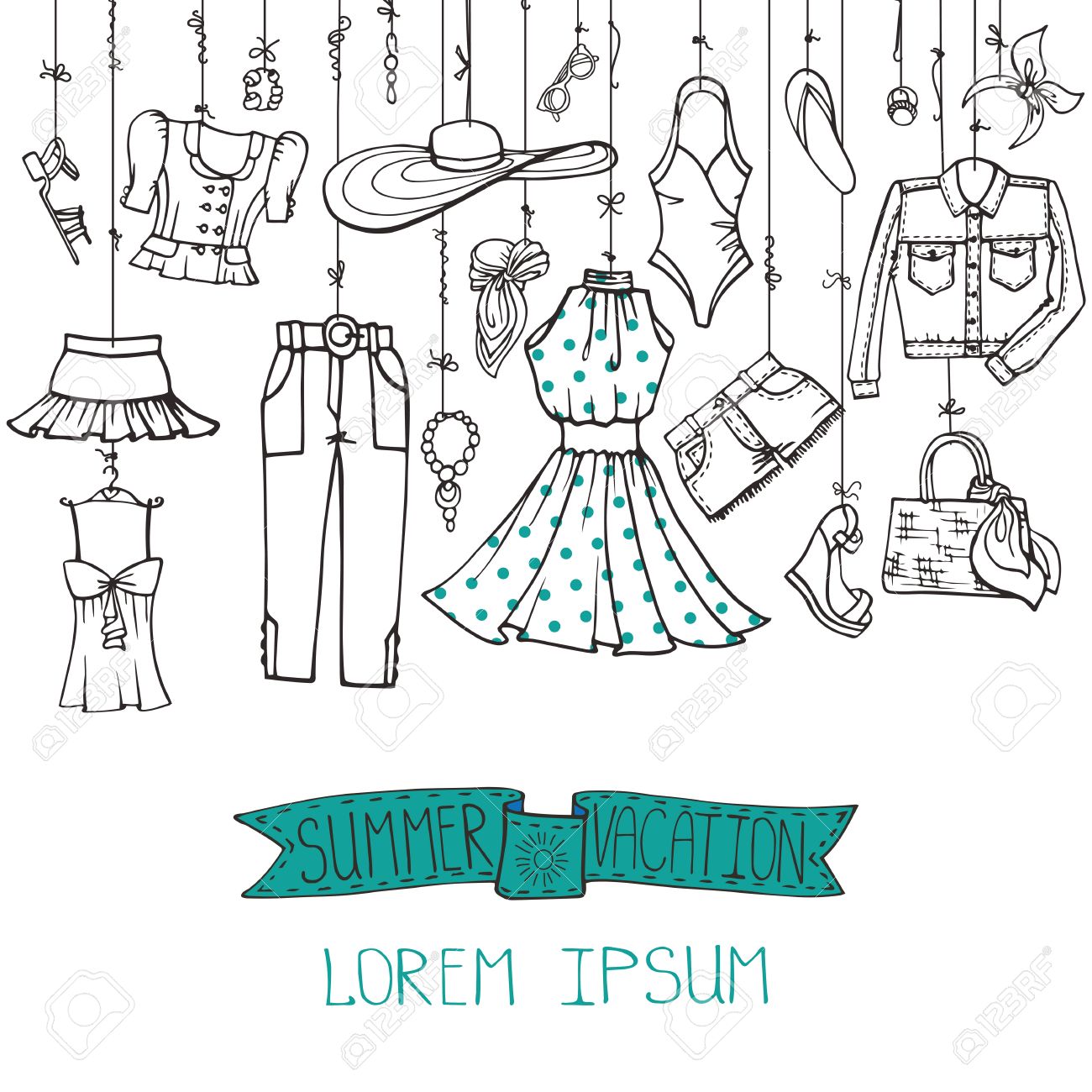 ファッション イラスト ロゴベクトルの手には ファッショナブルな女性服やアクセサリーに掛かっているロープが描画されます 夏の休暇の摩耗 線形 背景 スクラップブッ キング デザイン テンプレートをスケッチします レトロのイラスト素材 ベクタ Image