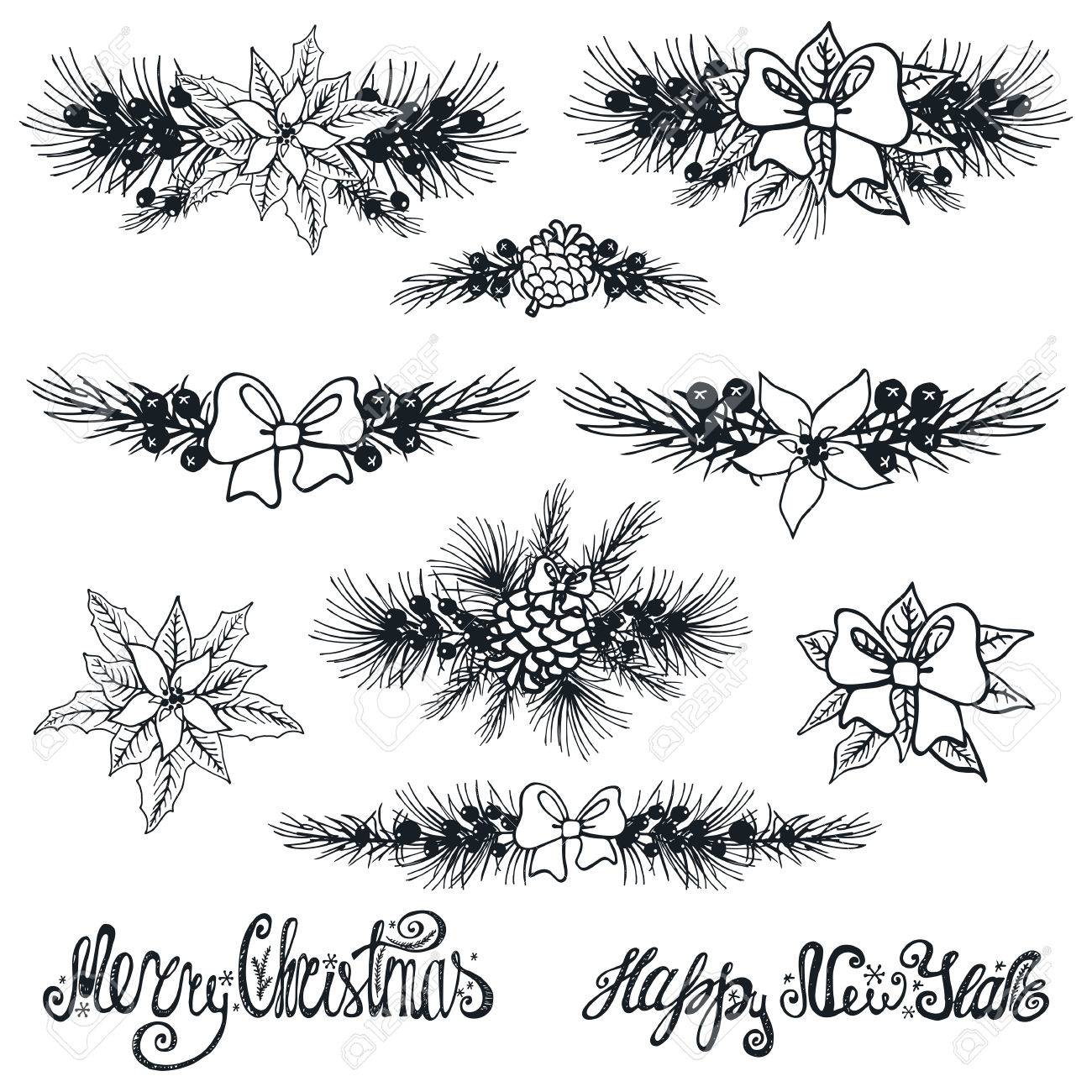 merry christmas and new year borders decoationr set spruce fir poinsettia border black and white