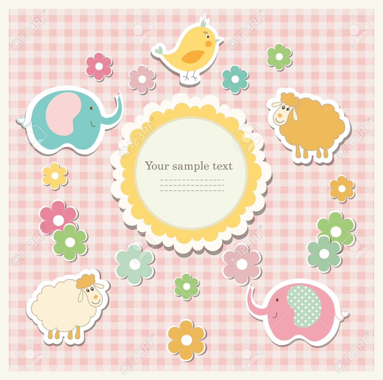 ロマンチックなスクラップ予約テンプレート招待状挨拶 ベビー シャワー カード 誕生日ラベル はがきフレームまたは子のアルバム ビンテージ スタイルのベクトル図のイラスト素材 ベクタ Image