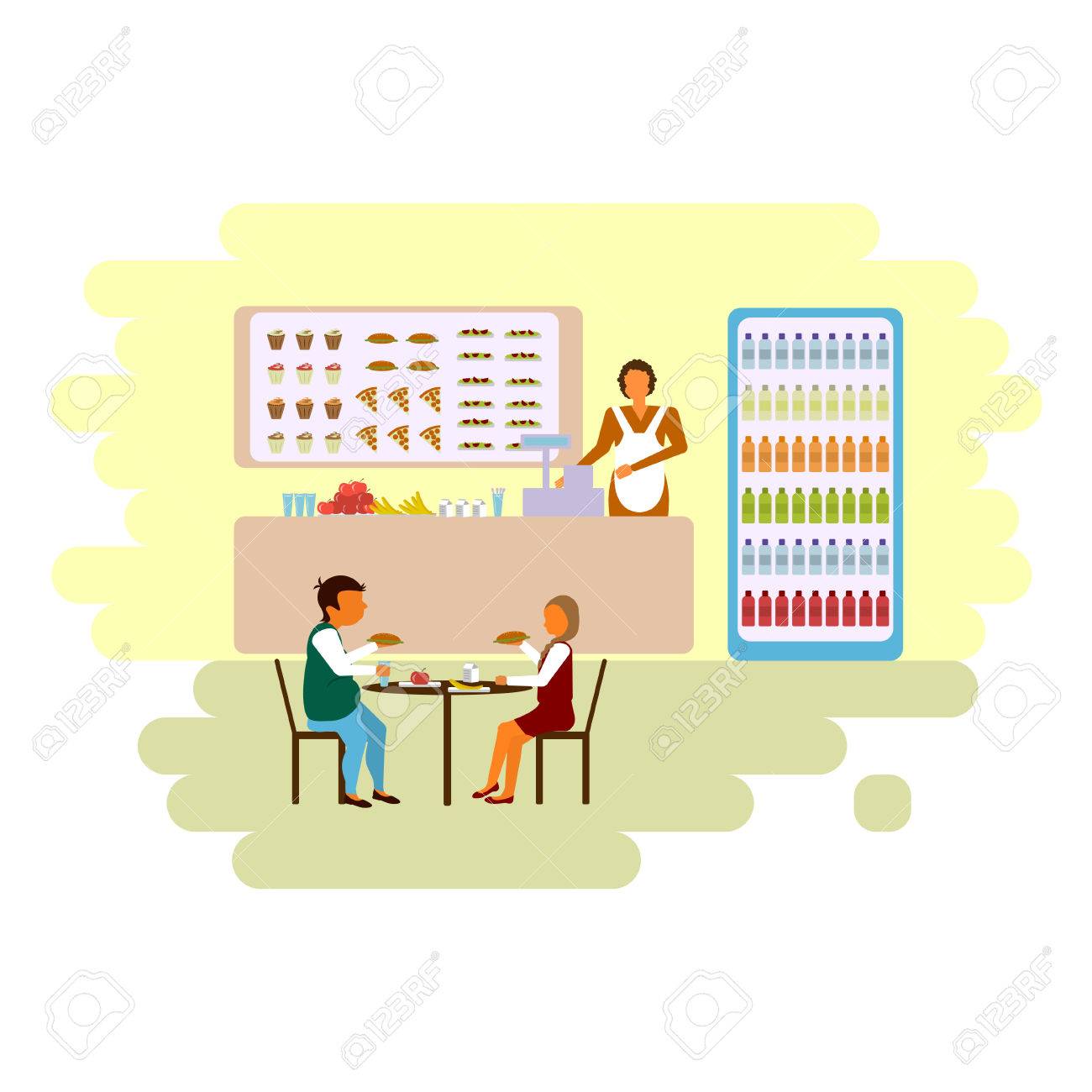 学生の子供男の子と女の子の学校食堂のイラスト のイラスト素材 ベクタ Image