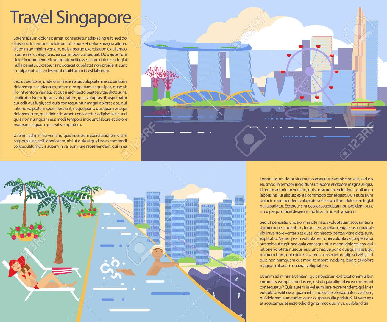 旅行者のためのシンガポール フライヤー 都会 旅行 観光 ホテル サービスの背景 現代の平らな横のバナーを設定します 旅行のイラスト あなたのテキストのための場所 ベクトル Eps10 のイラスト素材 ベクタ Image 6671