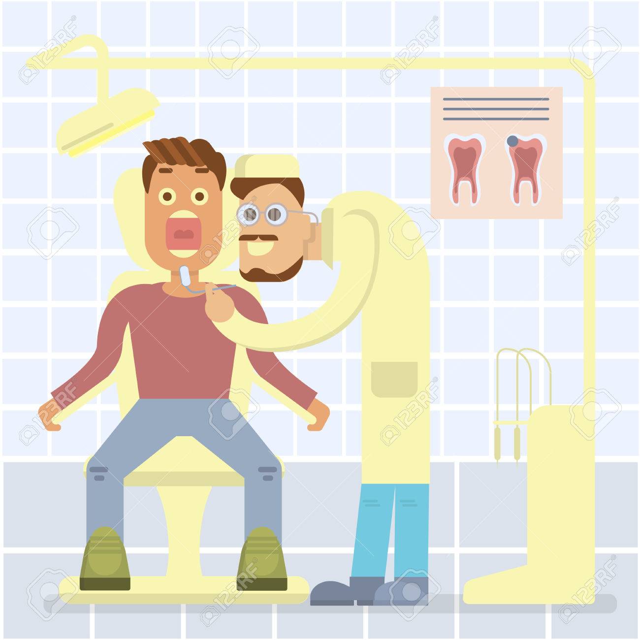 歯科医院のコンセプトです 歯科医と患者の椅子に男 フラット デザインのベクトル イラスト のイラスト素材 ベクタ Image