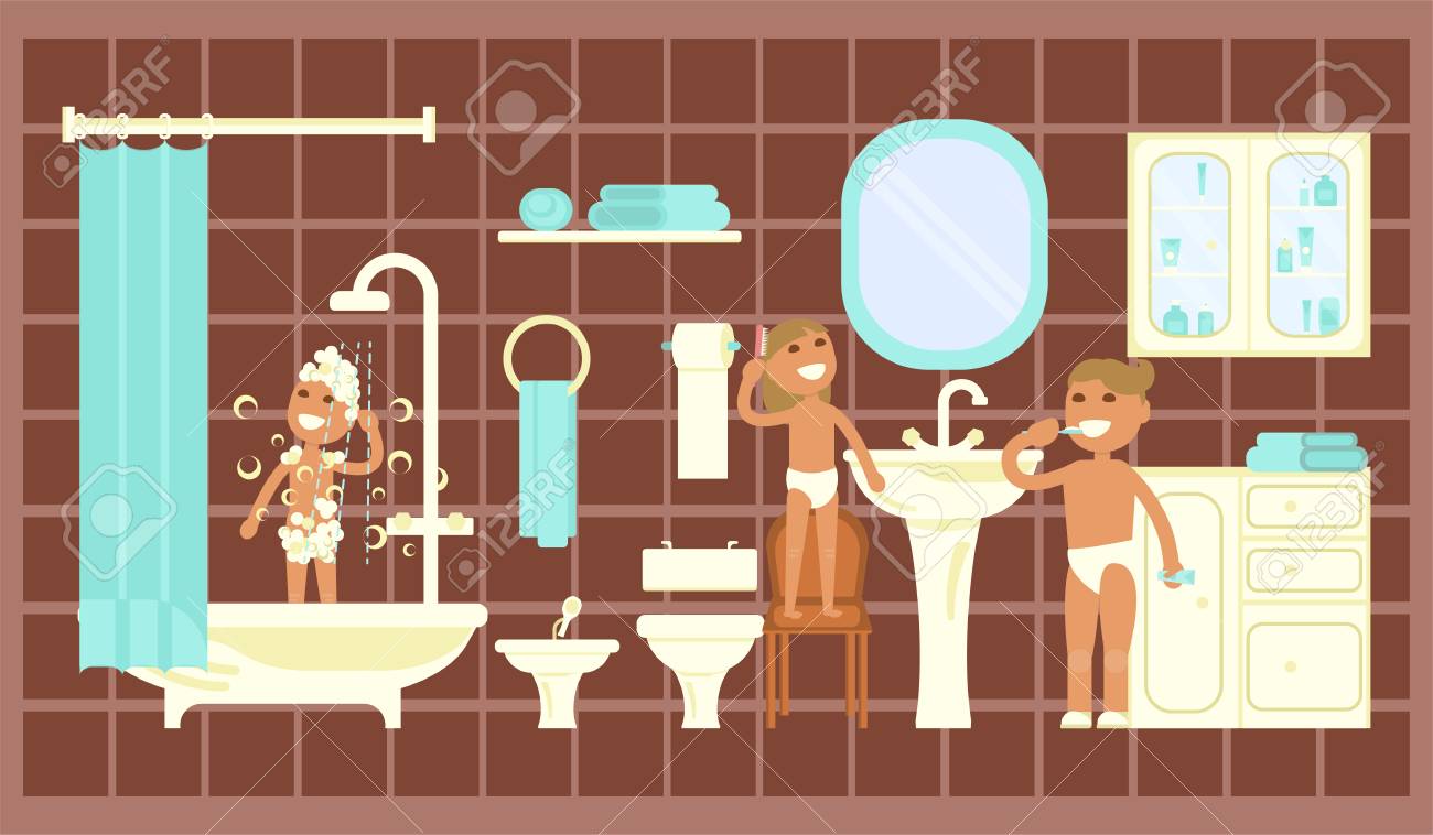 バスルームのインテリアの背景に子供たち フラットなデザイン 歯を磨く少年 少女の髪をかきあげます 漫画のキャラクターのイラスト ベクター Eps10の イラスト素材 ベクタ Image