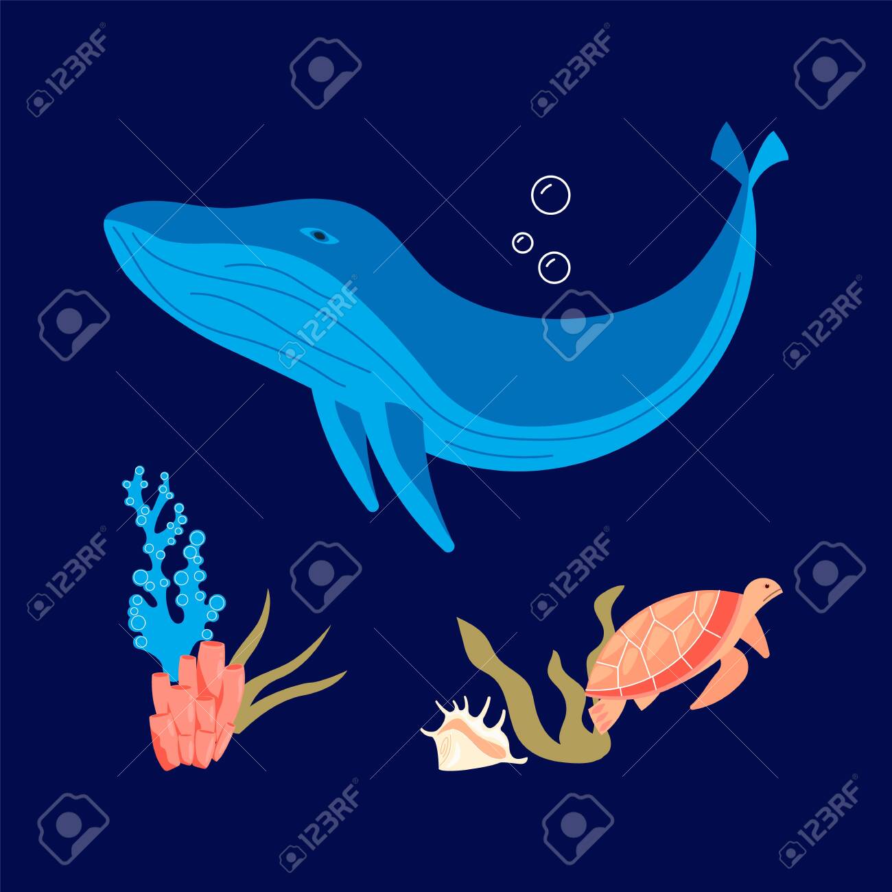 シロナガスクジラの珊瑚礁とウミガメの水中シーンは 紺碧の海の背景で泳いでいます フラットアートベクトルイラスト のイラスト素材 ベクタ Image