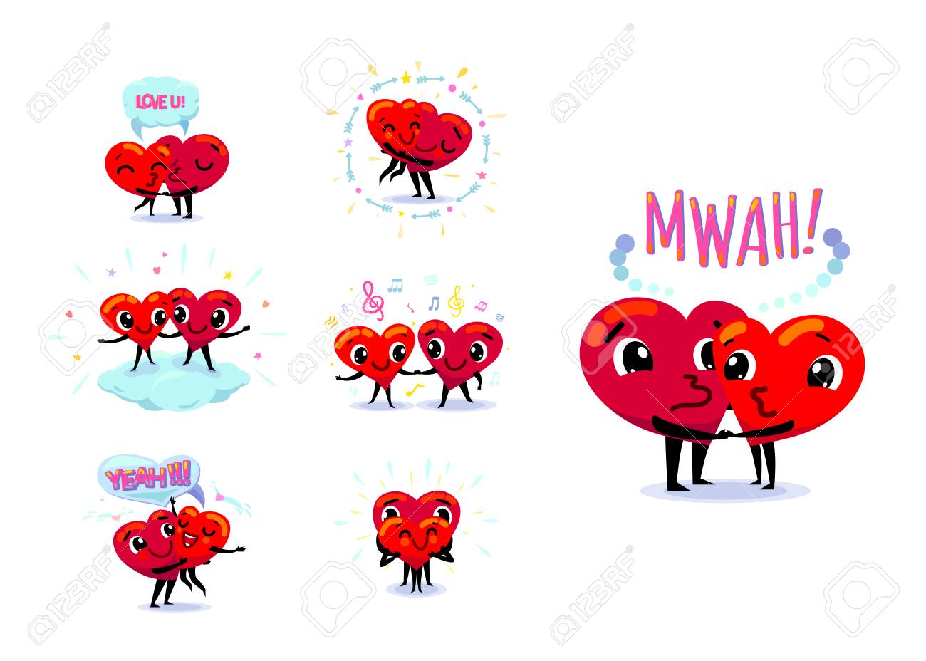 Amour Couple Ensemble Scenes Avec Deux Coeurs De Dessin Anime Plat Mignon Drole Tenant Par La Main Embrasser Etreindre Danser Sourire Clip Art Libres De Droits Svg Vecteurs Et Illustration Image