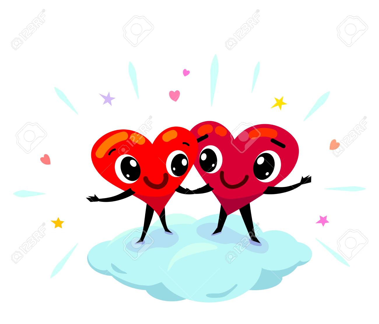 Couple Amoureux Idee Deux Coeurs De Dessins Animes Rigolos Se Sourient Se Tenant Par La Main Se Tiennent Sur Un Nuage Entoure D Elements De Design Dans Les Airs Clip Art Libres De
