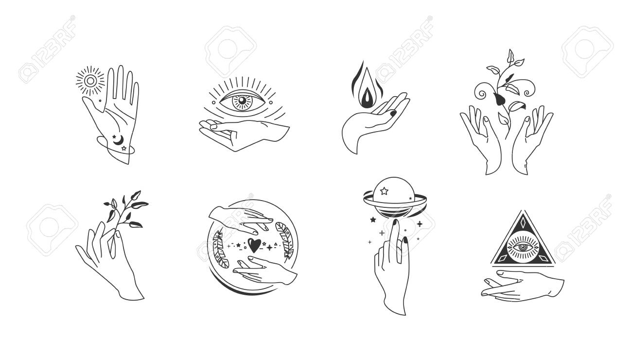 Ręce w prostym płaskim ezoterycznym stylu boho. kolekcja kobiecych logo dłoni z różnymi symbolami, takimi jak planeta kosmiczna, kwiatowe zioło, księżyc i słońce, miłość serca, oko, ogień, kropla - 136666533 Ręce w prostym płaskim ezoterycznym stylu boho. kolekcja kobiecych logo dłoni z różnymi symbolami, takimi jak planeta kosmiczna, kwiatowe zioło, księżyc i słońce, miłość serca, oko, ogień, kropla - 136666533