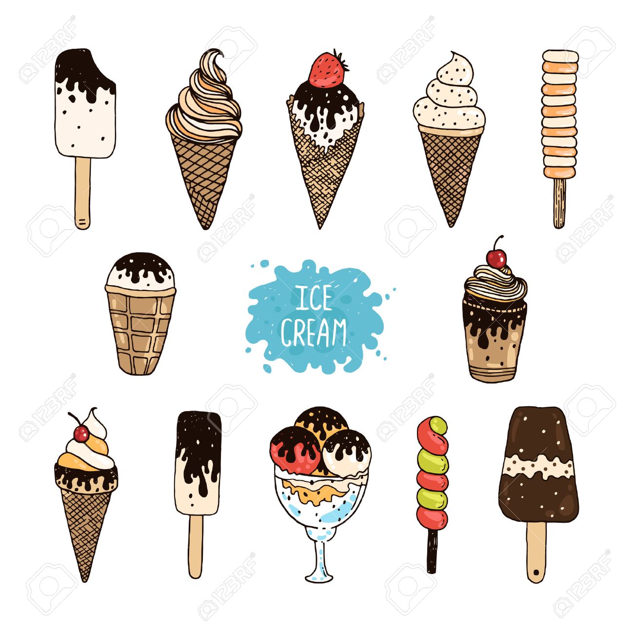 手描きのアイスクリームのベクトル コレクション アイス クリーム コーン スクープ チョコレート サンデー カップを落書き かわいい夏セット のイラスト素材 ベクタ Image